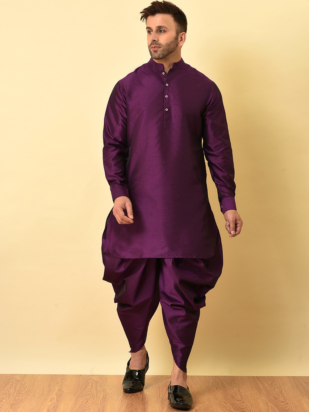 

Hangup Mandarin Collar Regular Kurta with Dhoti Pants, Purple