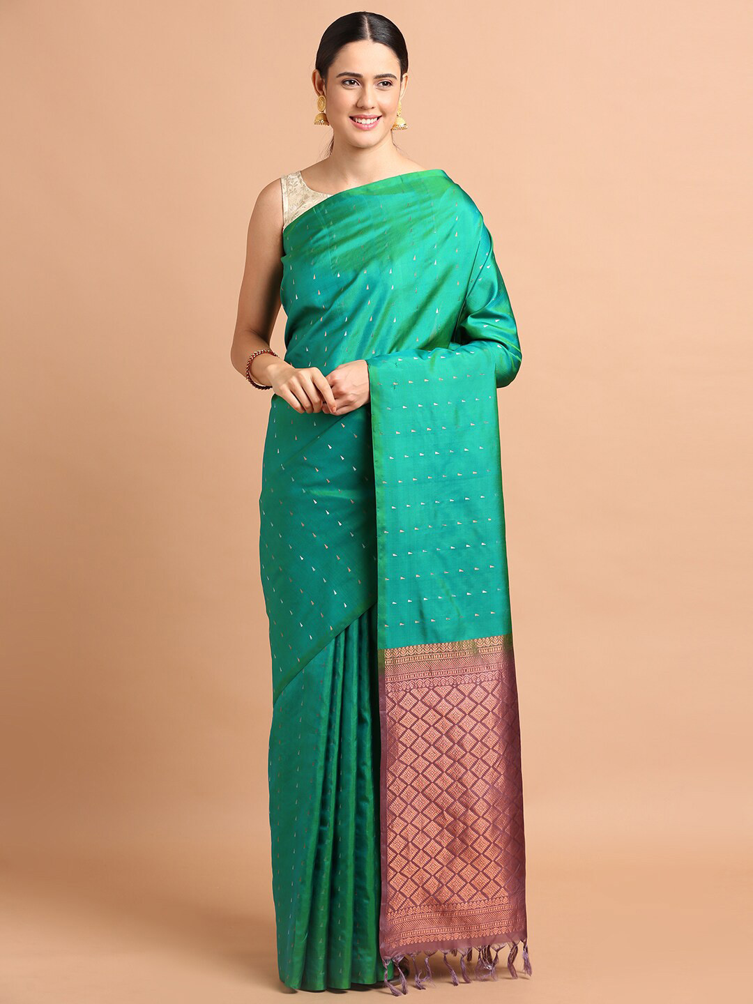 

Kalyan Silks Ethnic Motifs Woven Design Zari Pure Silk Kanjeevaram Saree, Green