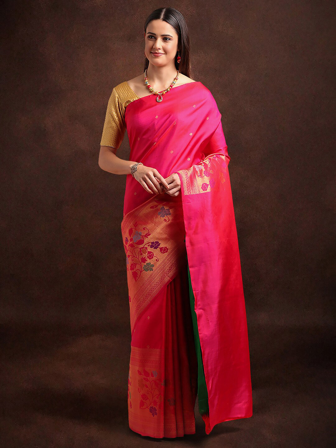 

Kalyan Silks Ethnic Motifs Woven Design Zari Pure Silk Kanjeevaram Saree, Pink