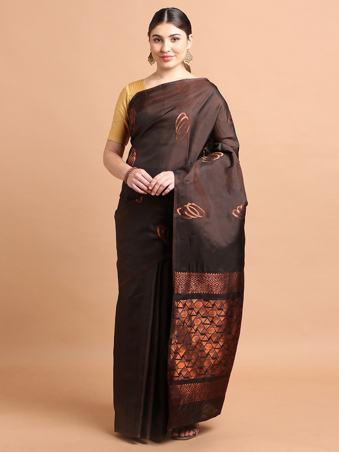 

Kalyan Silks Ethnic Motifs Woven Design Zari Pure Silk Kanjeevaram Saree, Brown