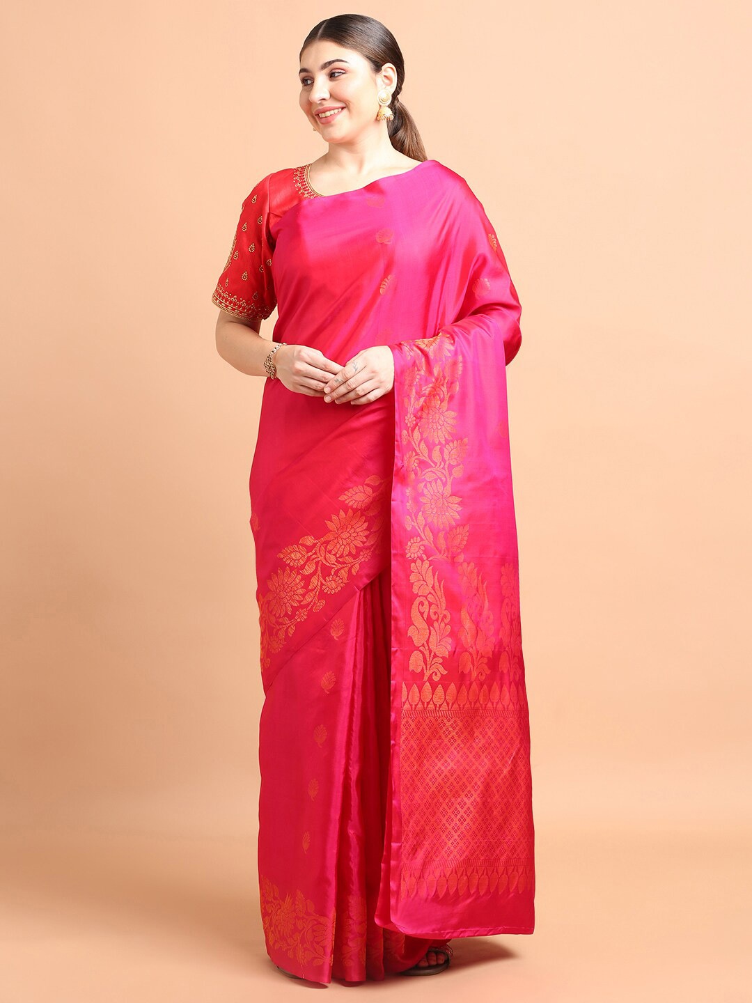 

Kalyan Silks Ethnic Motifs Woven Design Zari Pure Silk Kanjeevaram Saree, Pink