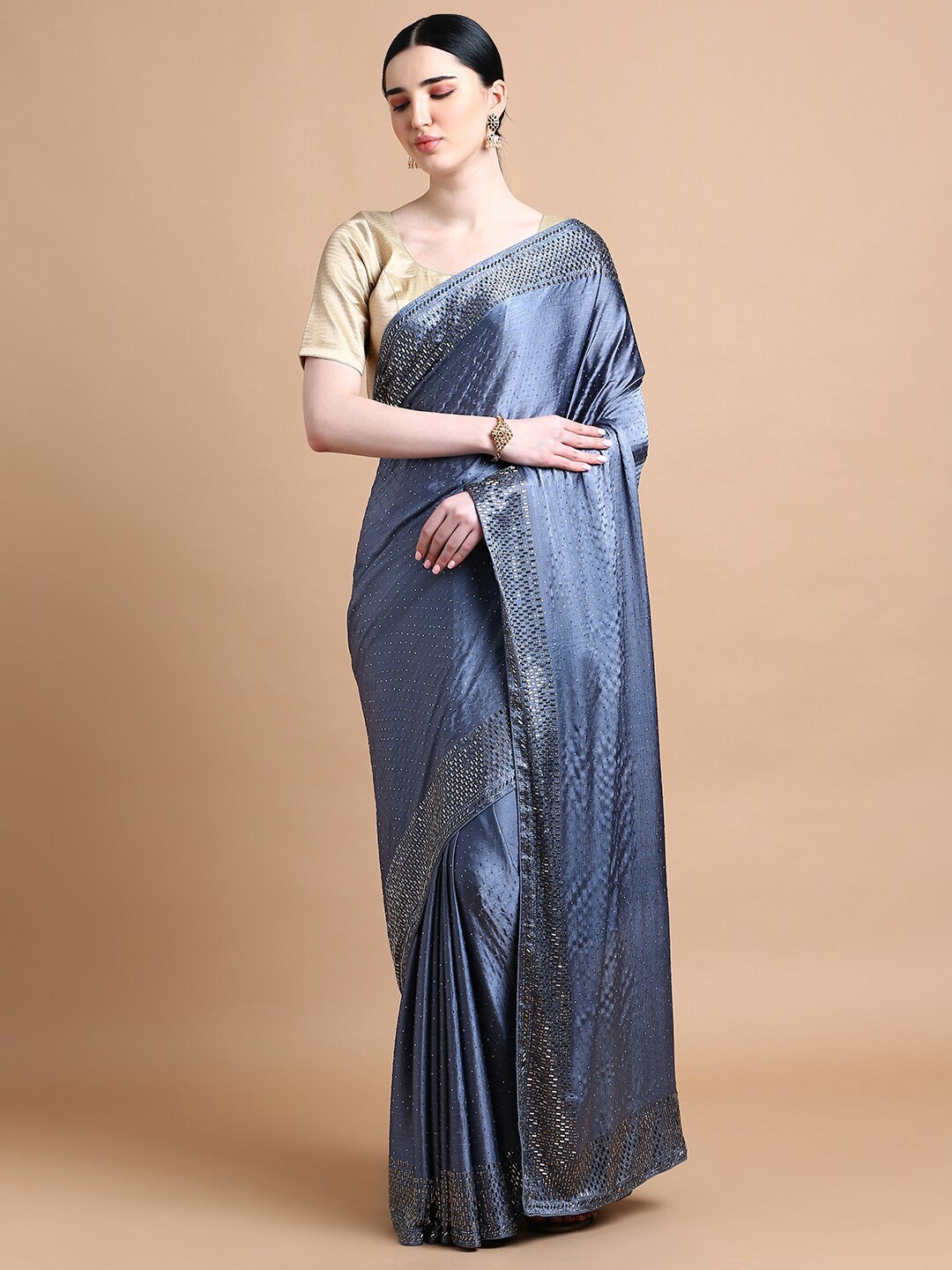 

Kalyan Silks Embellished Beads & Stones Pure Chiffon Saree, Grey