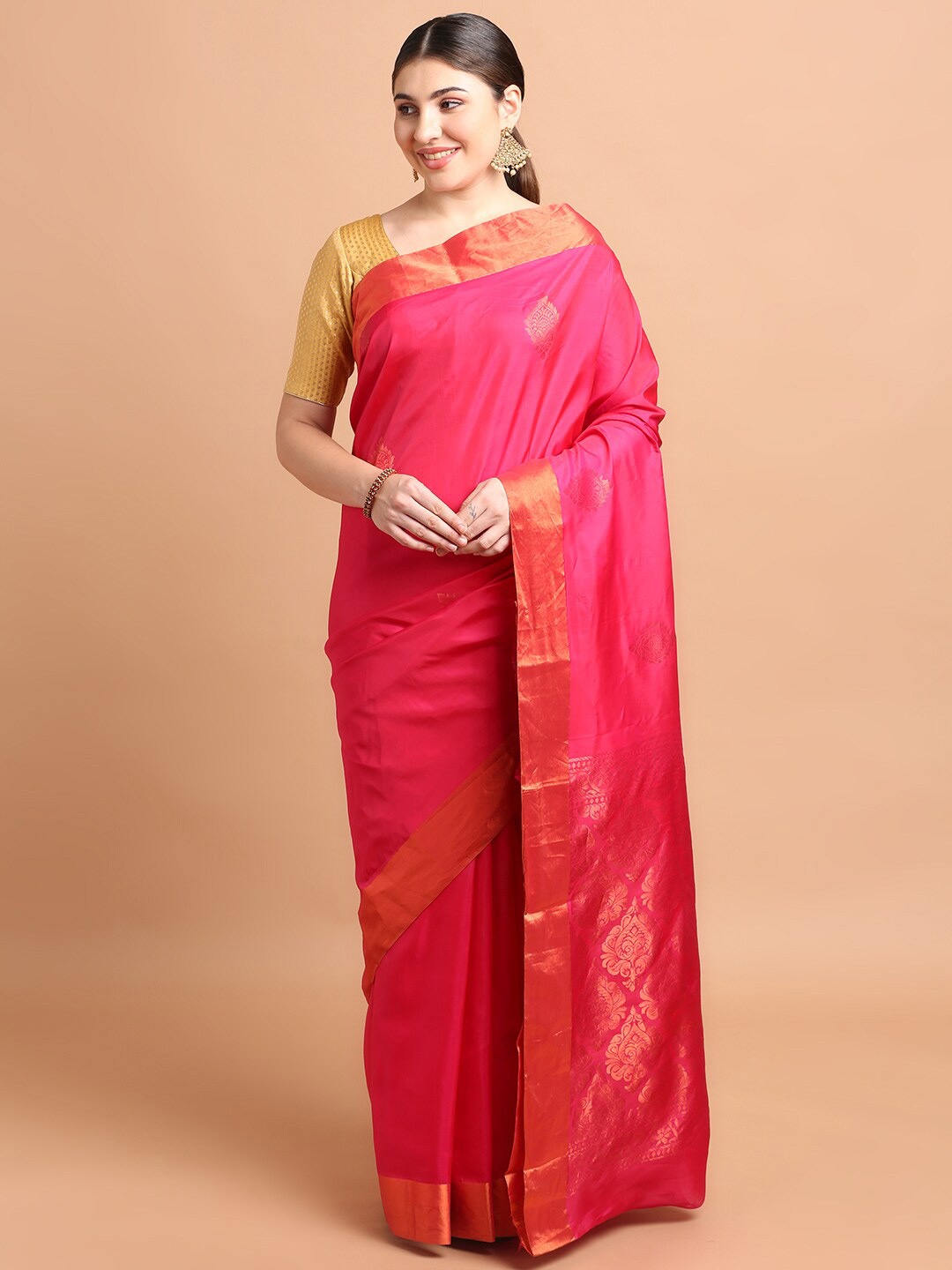 

Kalyan Silks Ethnic Motifs Woven Design Zari Pure Silk Kanjeevaram Saree, Pink