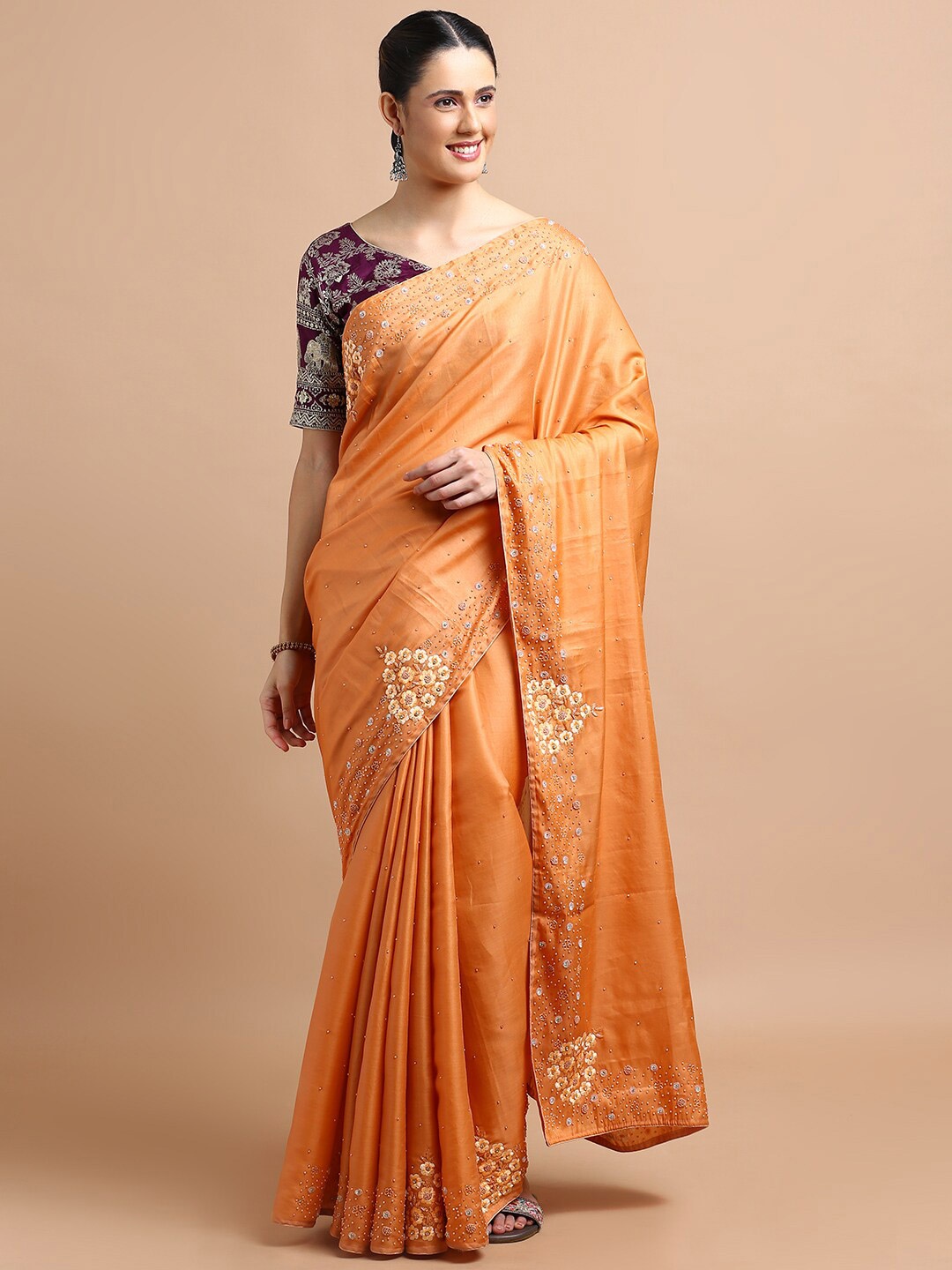 

Kalyan Silks Embellished Beads and Stones Saree, Orange