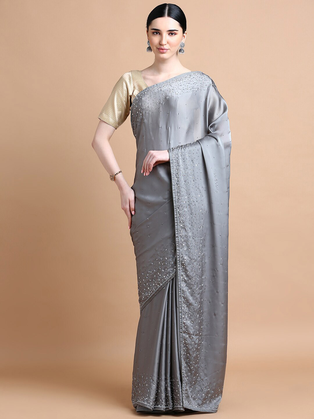

Kalyan Silks Embellished Beads and Stones Satin Saree, Grey