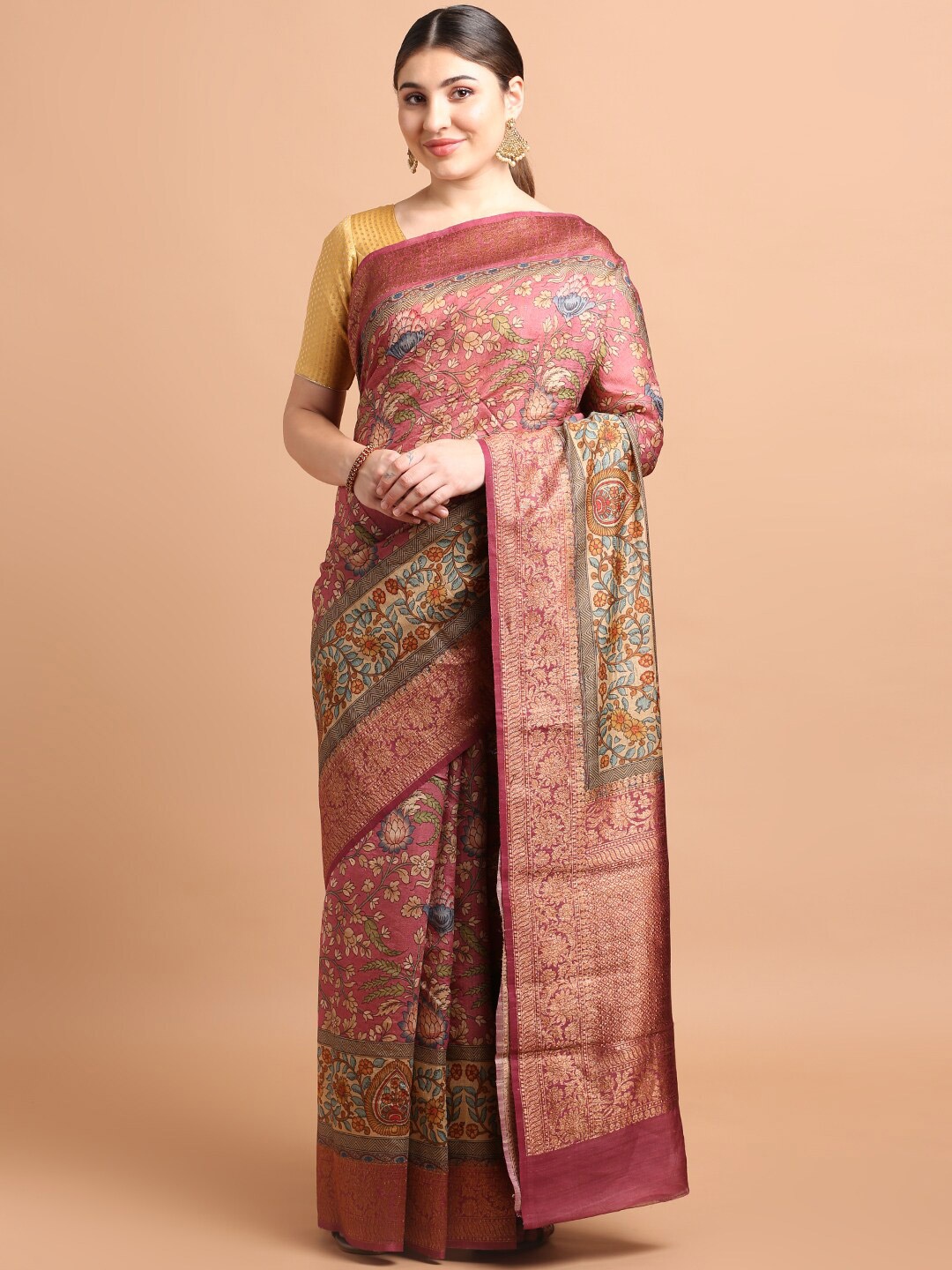 

Kalyan Silks Kalamkari Printed Zari Pure Silk Saree, Pink