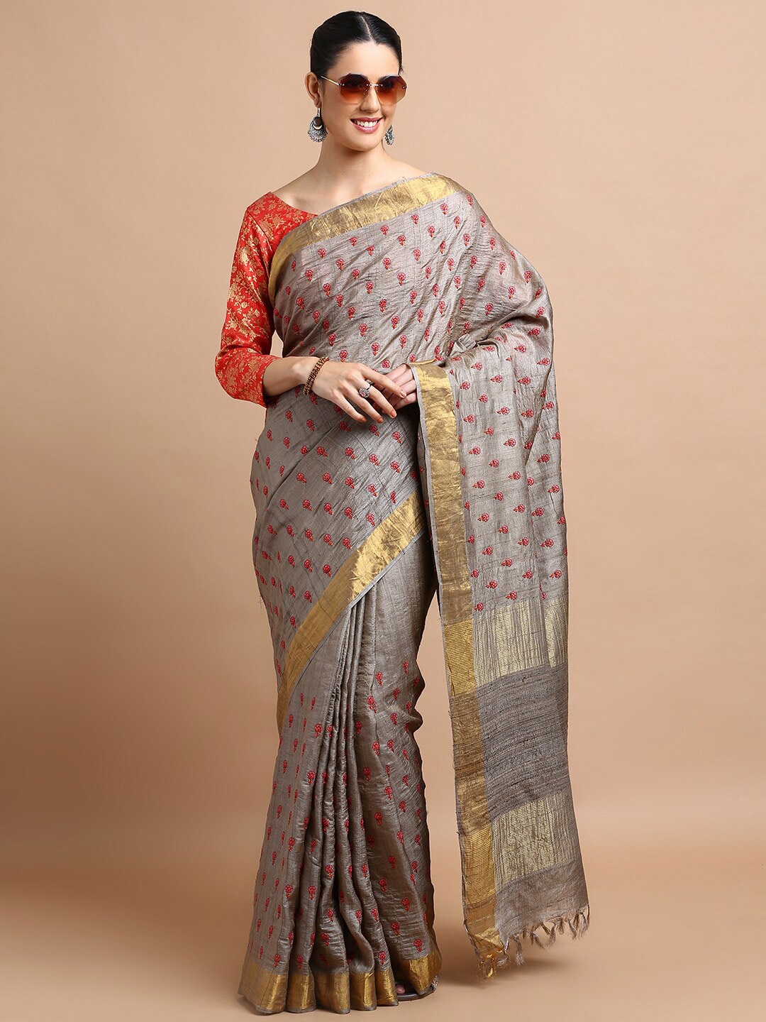

Kalyan Silks Floral Woven Design Zari Pure Silk Saree, Brown