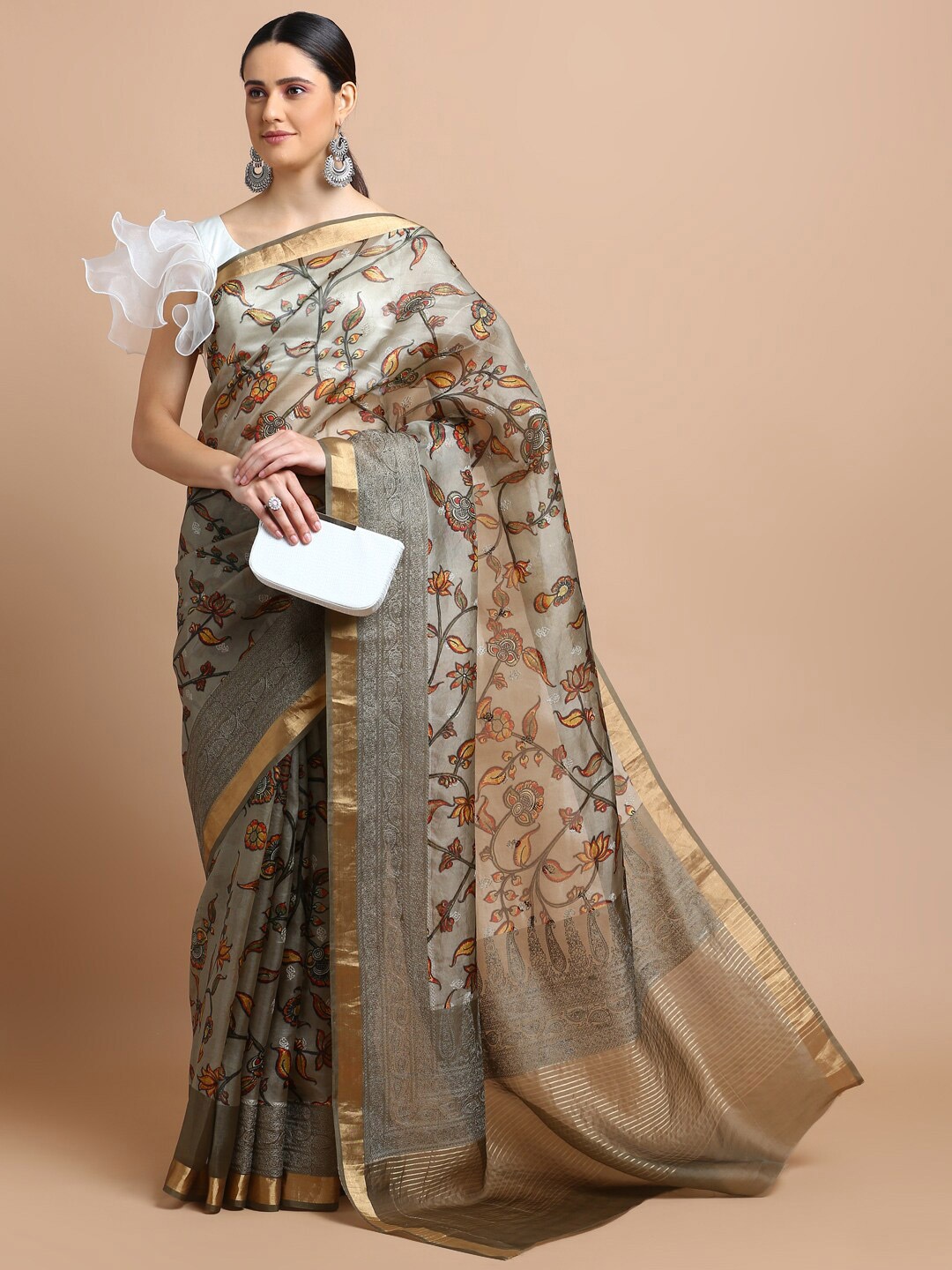 

Kalyan Silks Kalamkari Printed Zari Organza Saree, Grey