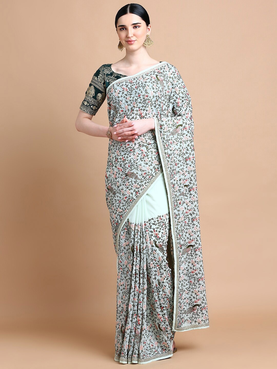 

Kalyan Silks Green & Red Floral Embroidered Poly Georgette Saree