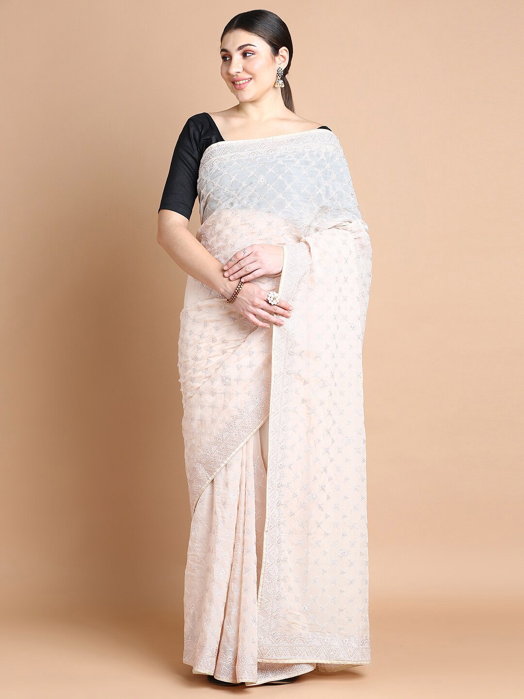 

Kalyan Silks Floral Embroidered Organza Saree, Cream