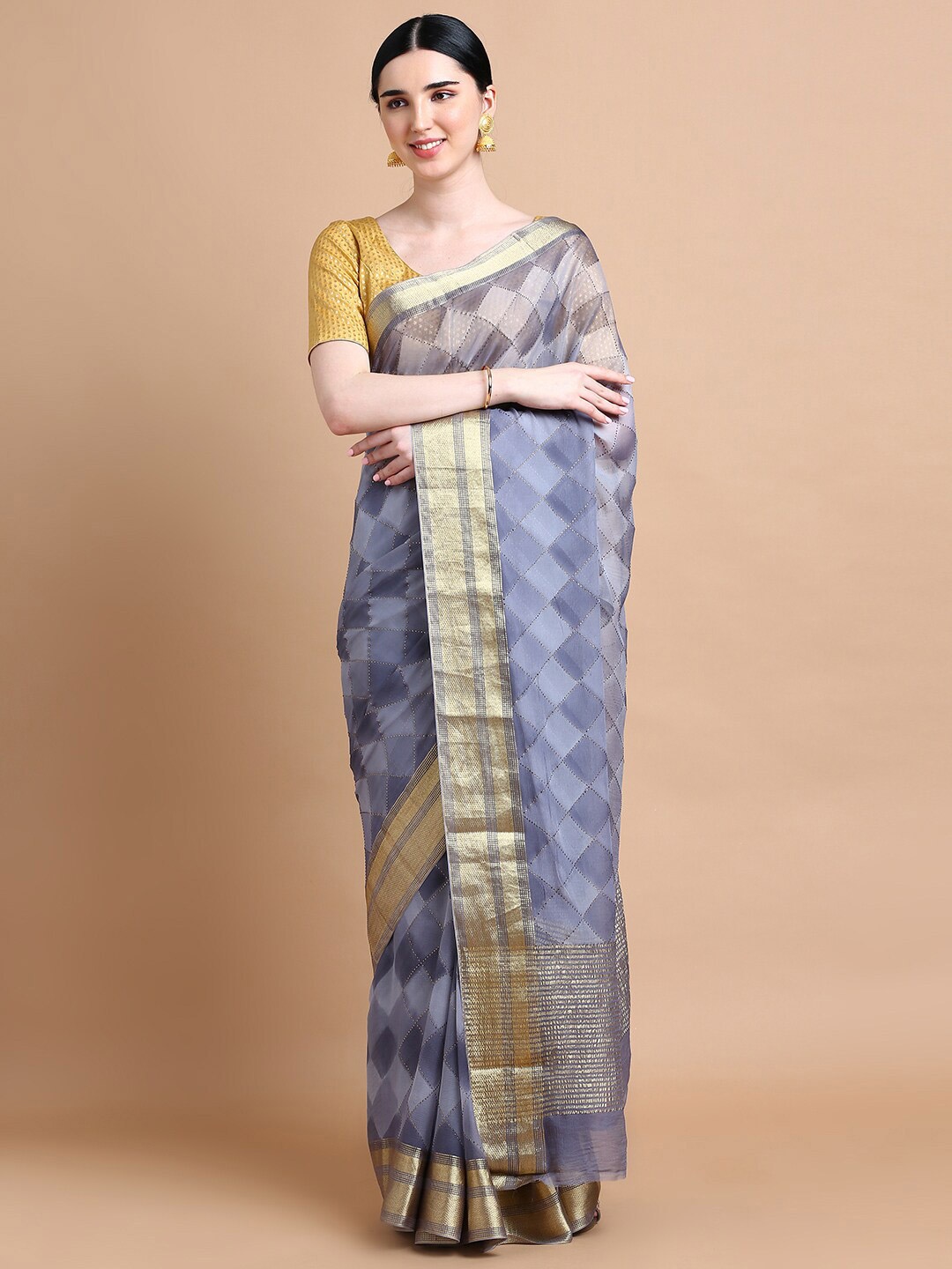 

Kalyan Silks Geometric Embellished Zari Pure Chiffon Saree, Grey