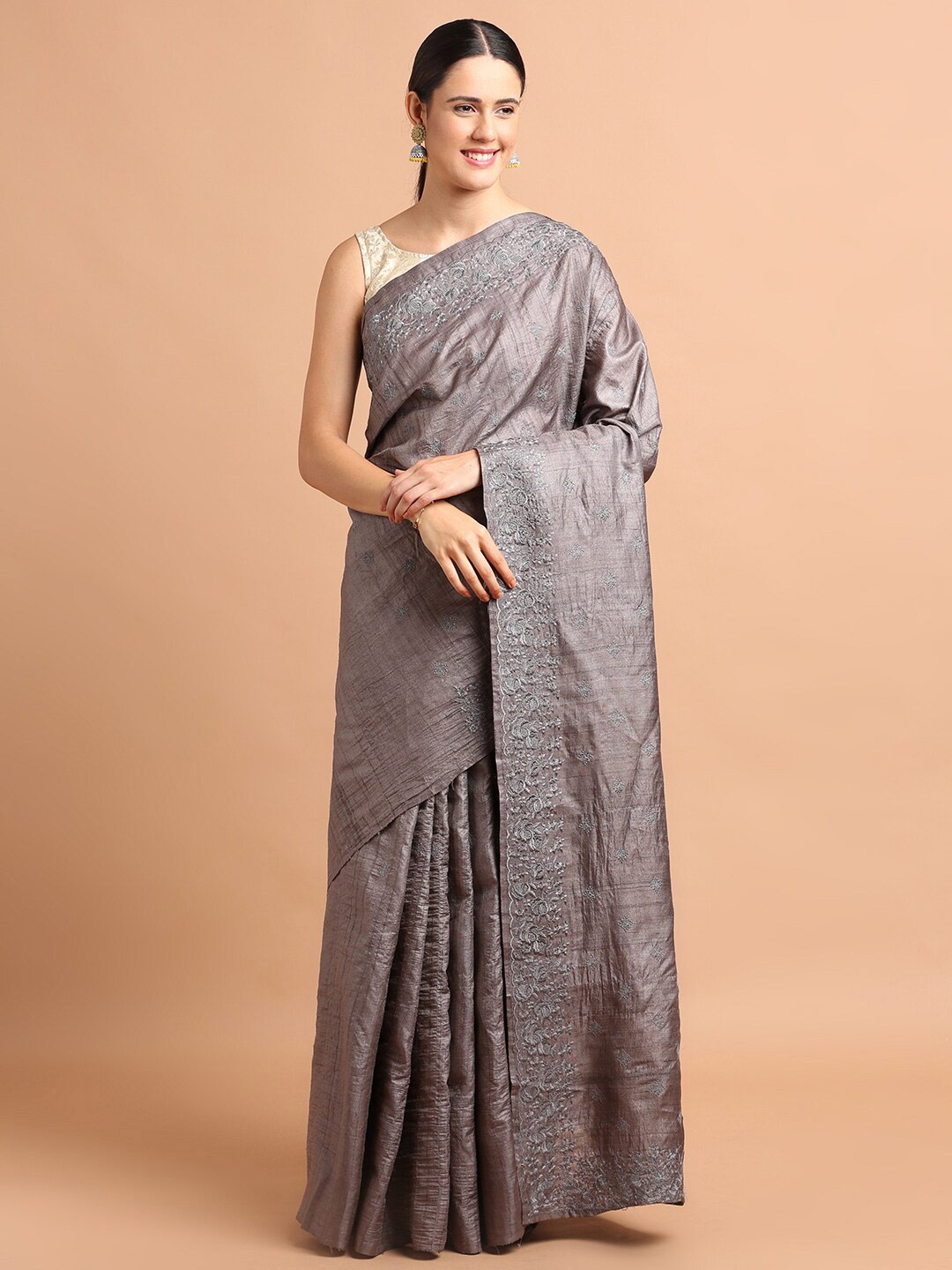 

Kalyan Silks Floral Embroidered Pure Silk Saree, Grey