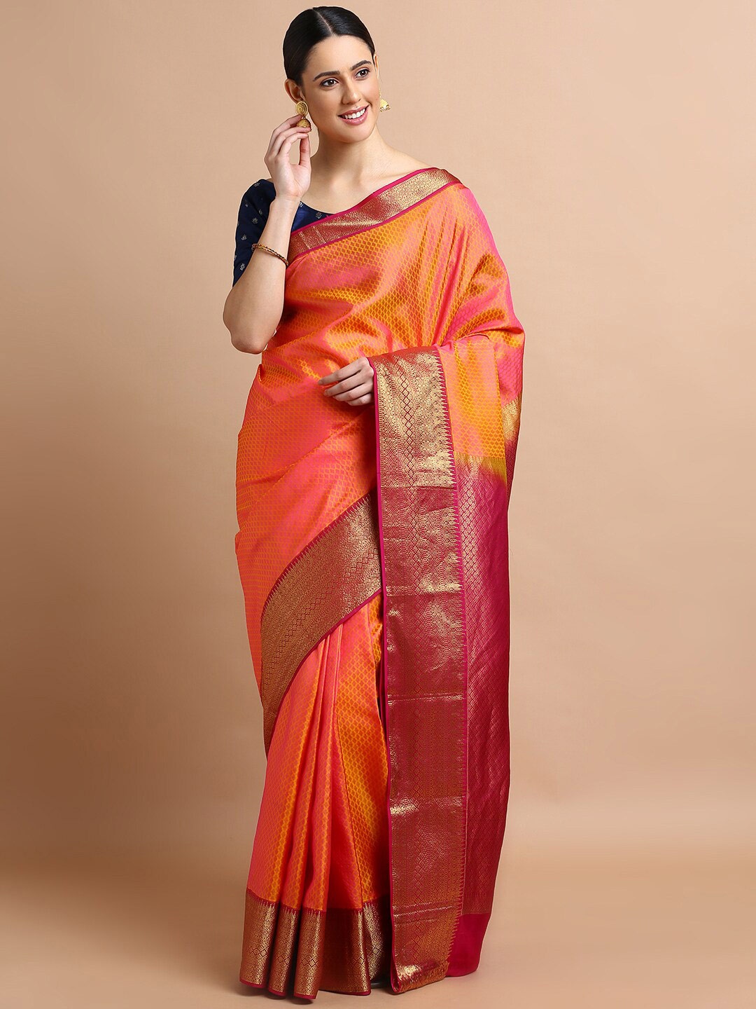 

Kalyan Silks Ethnic Motifs Woven Design Zari Pure Silk Kanjeevaram Saree, Orange