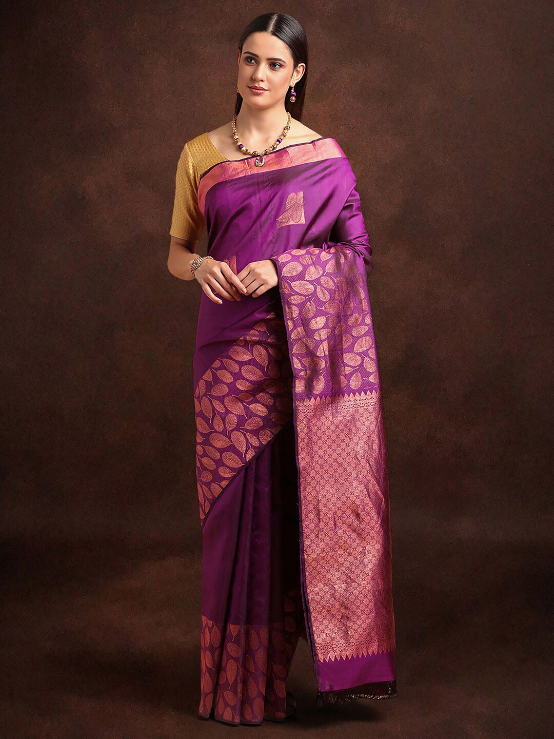 

Kalyan Silks Floral Woven Design Zari Pure Silk Kanjeevaram Saree, Purple