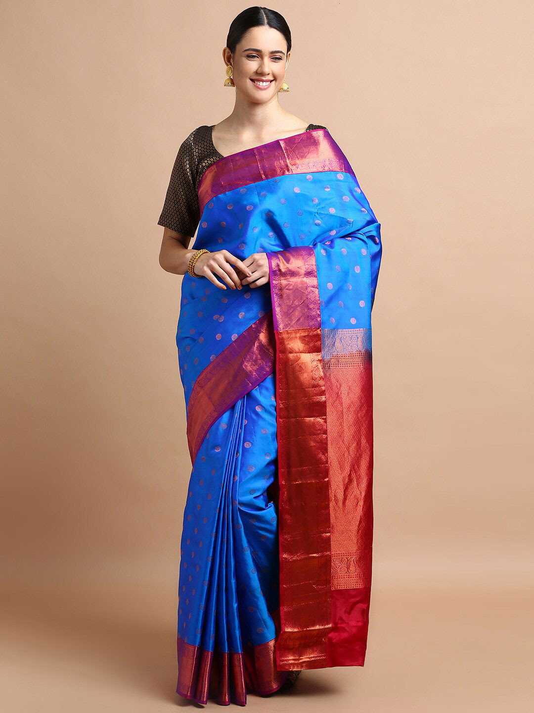 

Kalyan Silks Ethnic Motifs Woven Design Zari Pure Silk Kanjeevaram Saree, Blue