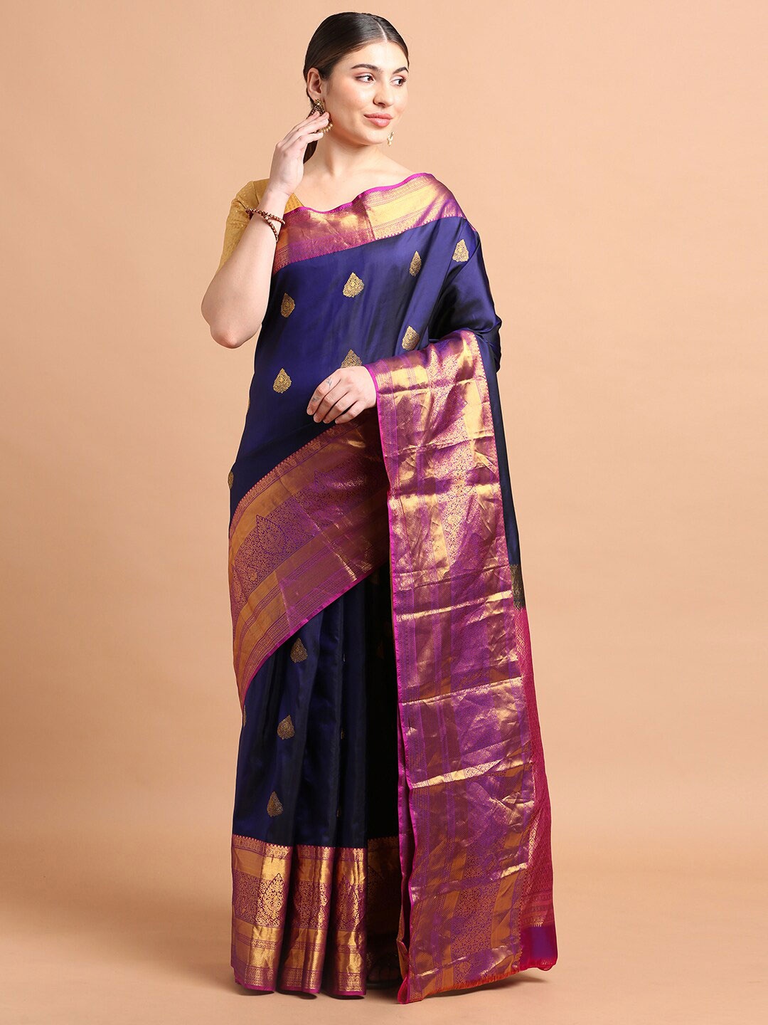 

Kalyan Silks Ethnic Motifs Woven Design Zari Pure Silk Kanjeevaram Saree, Navy blue