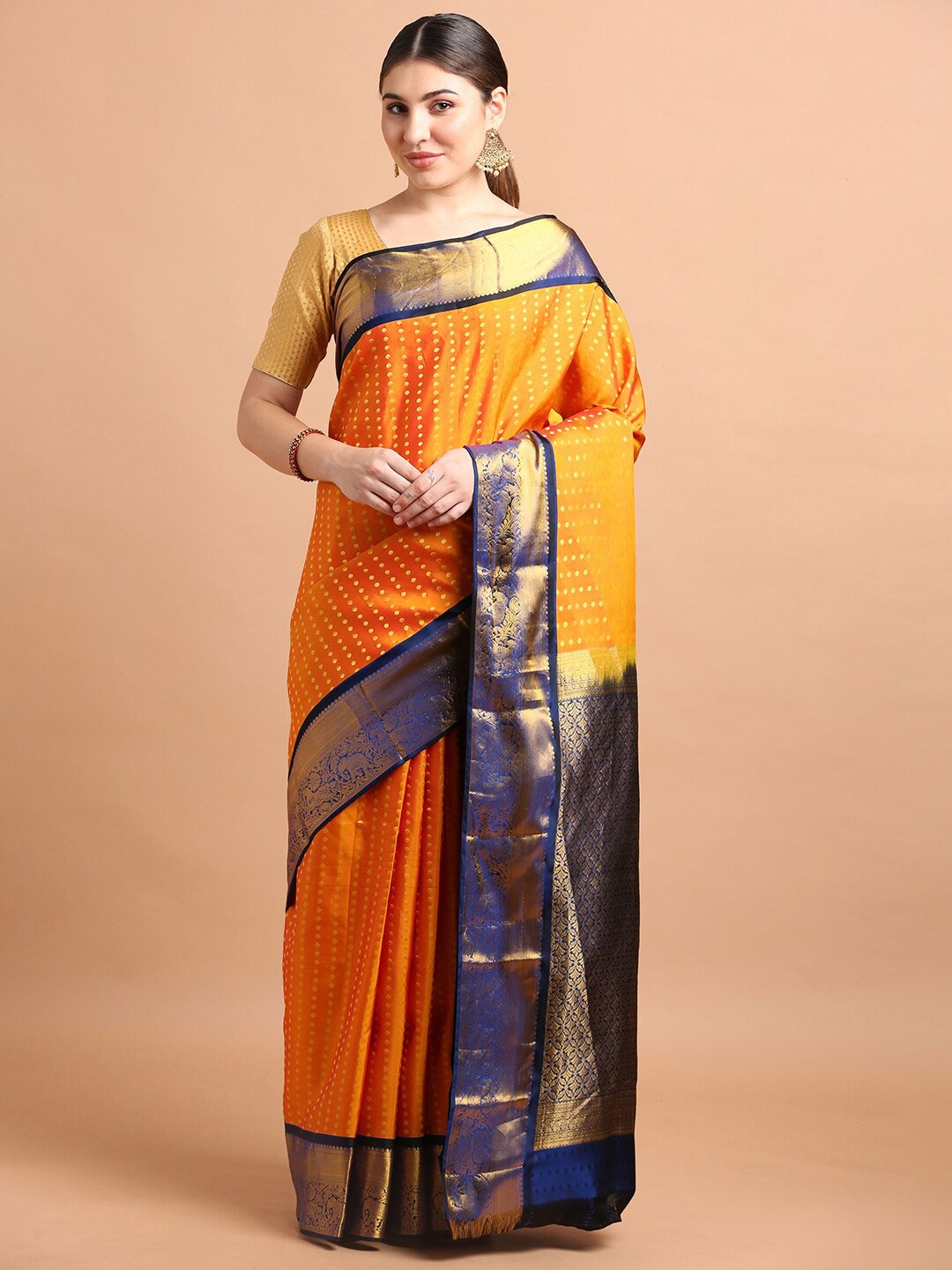 

Kalyan Silks Ethnic Motifs Woven Design Zari Pure Silk Kanjeevaram Saree, Yellow