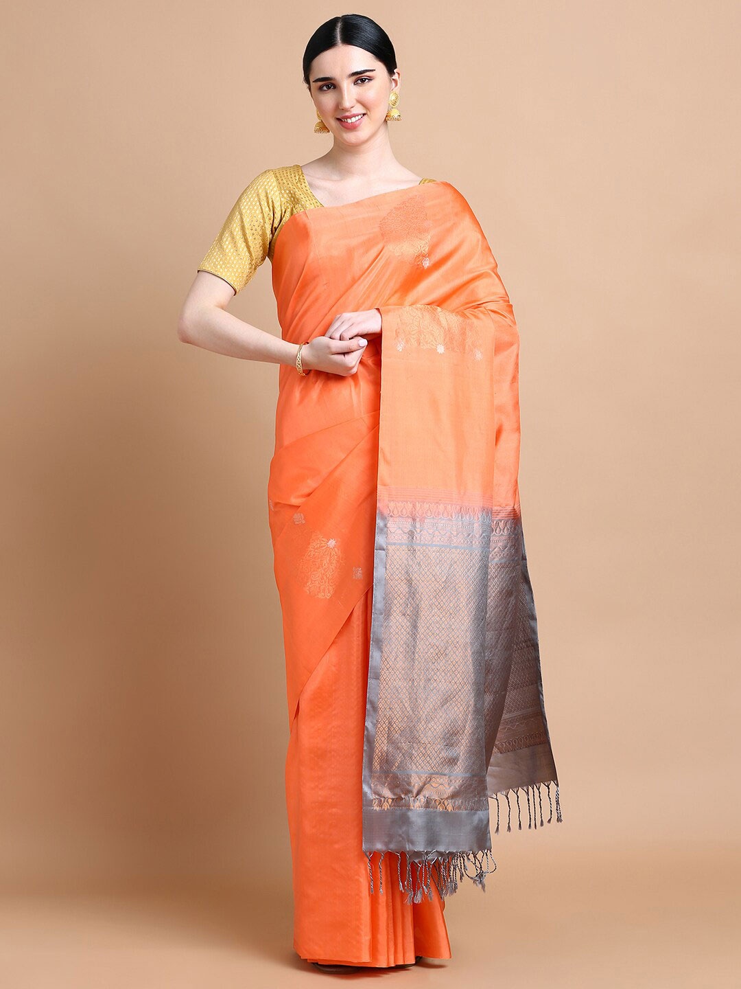 

Kalyan Silks Ethnic Motifs Woven Design Zari Pure Silk Kanjeevaram Saree, Peach