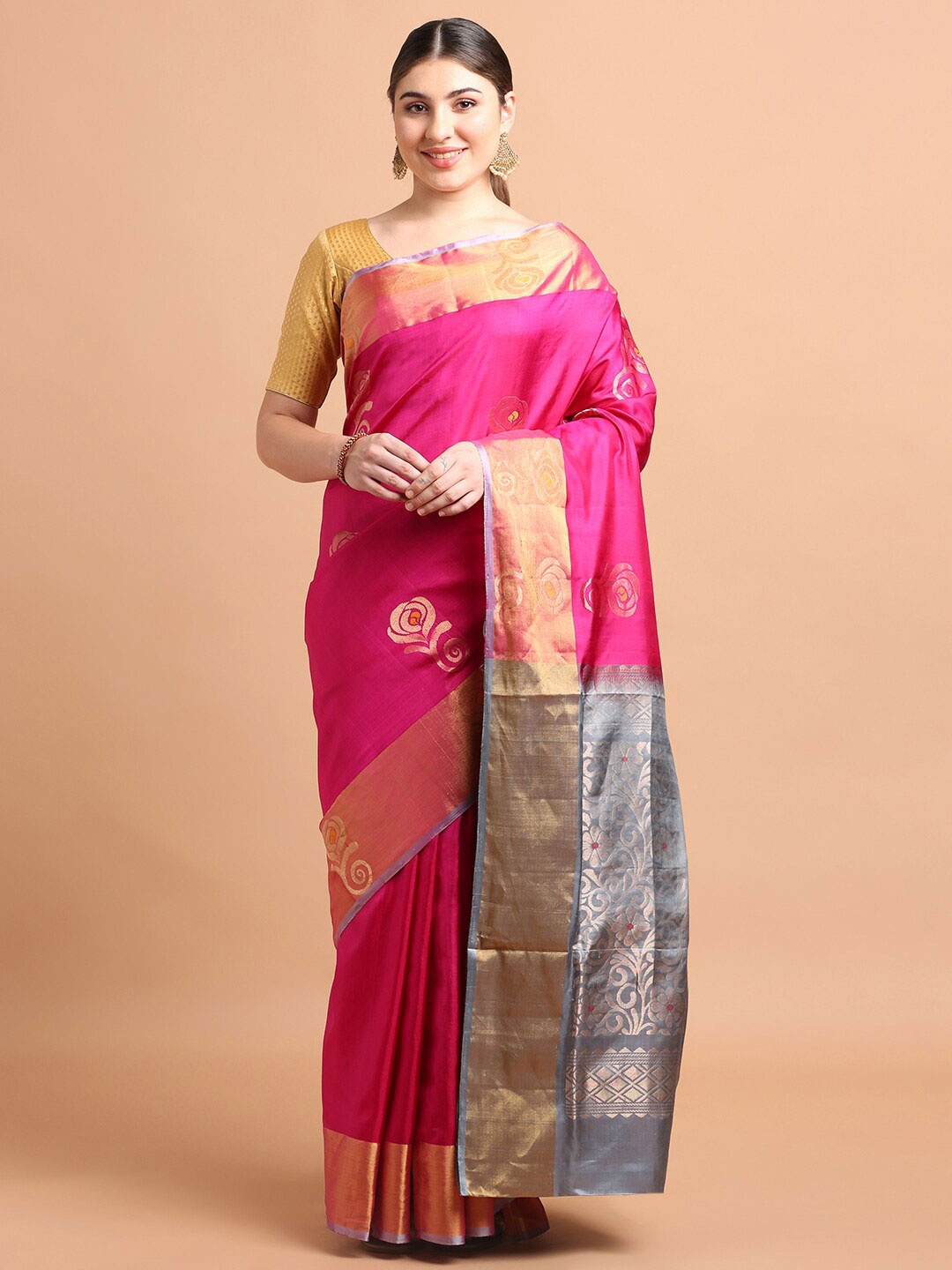 

Kalyan Silks Ethnic Motifs Woven Design Zari Pure Silk Kanjeevaram Saree, Pink