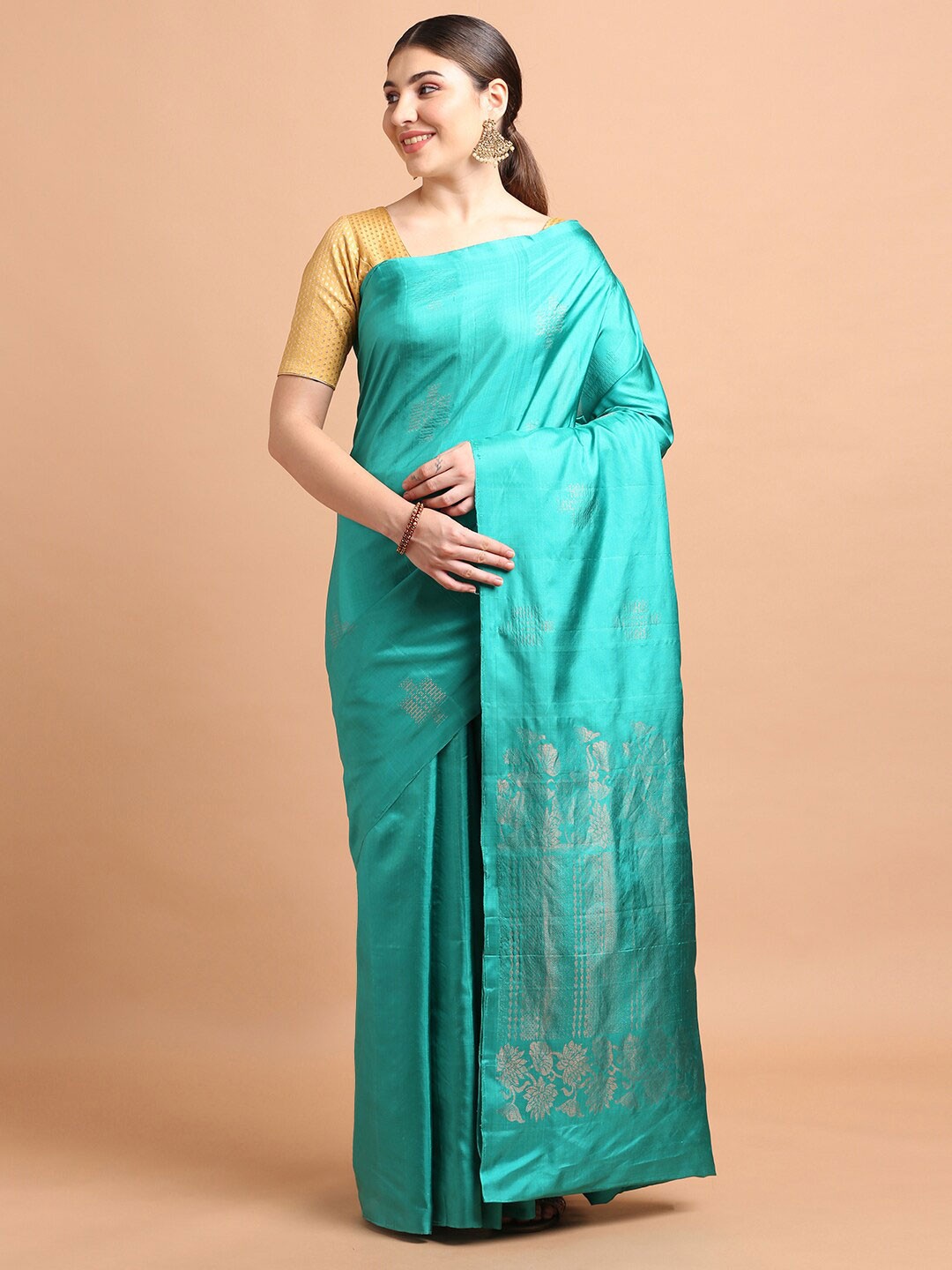 

Kalyan Silks Ethnic Motifs Woven Design Zari Pure Silk Kanjeevaram Saree, Blue