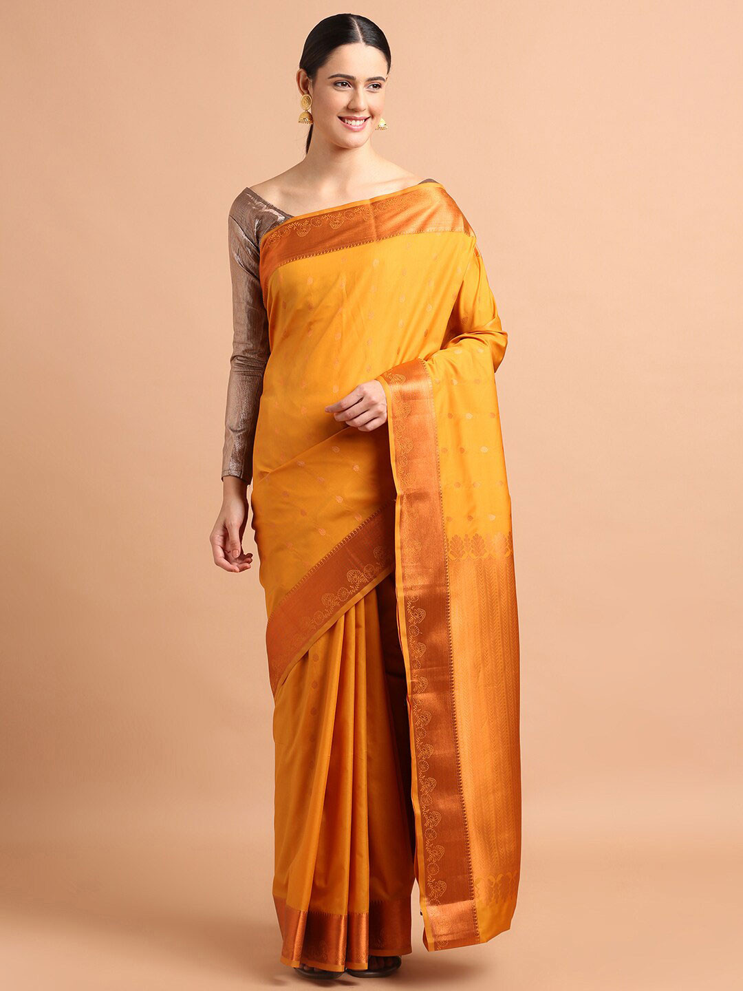 

Kalyan Silks Ethnic Motifs Woven Design Zari Pure Silk Kanjeevaram Saree, Yellow