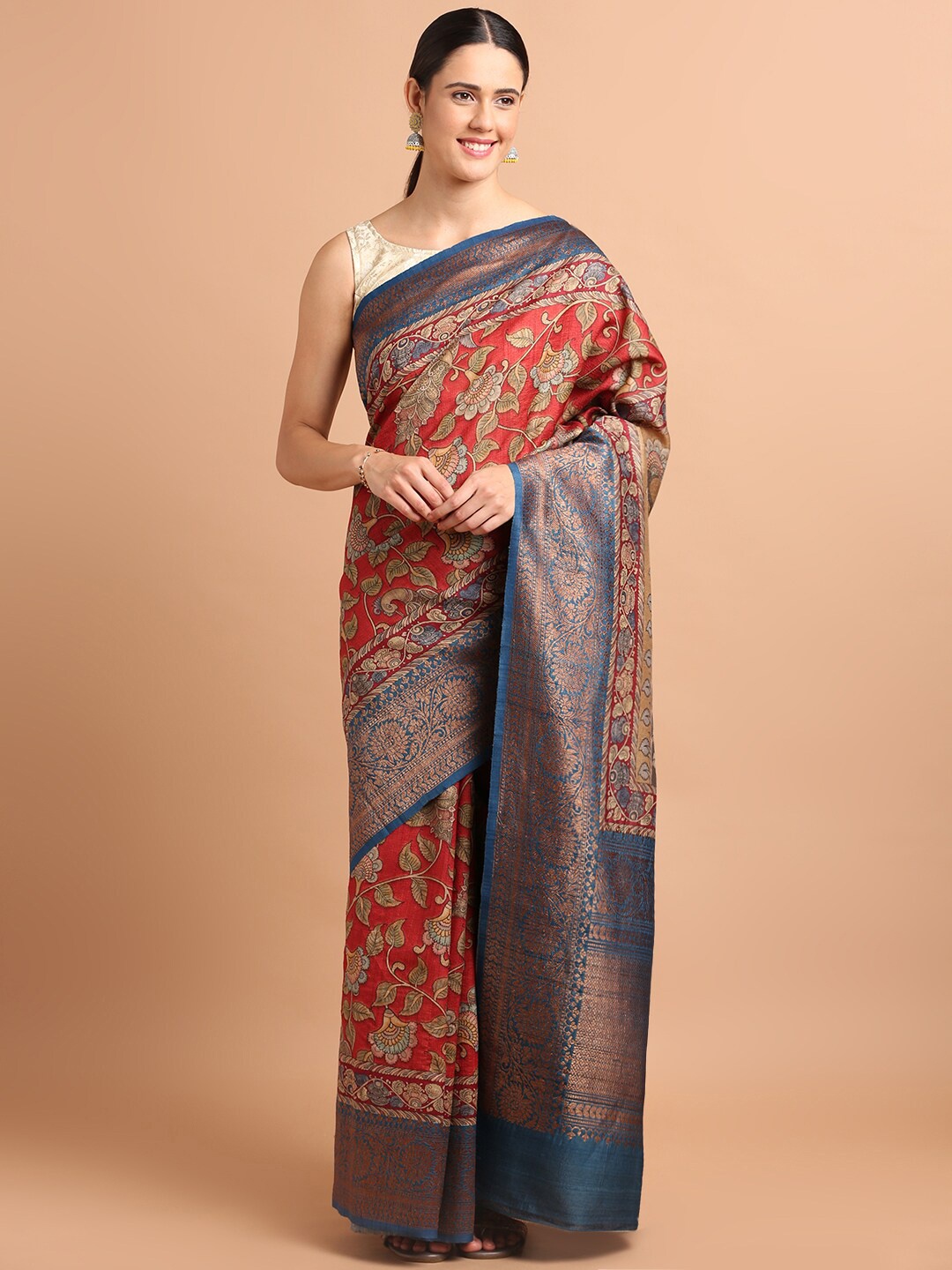 

Kalyan Silks Grey & Red Kalamkari Zari Pure Silk Saree