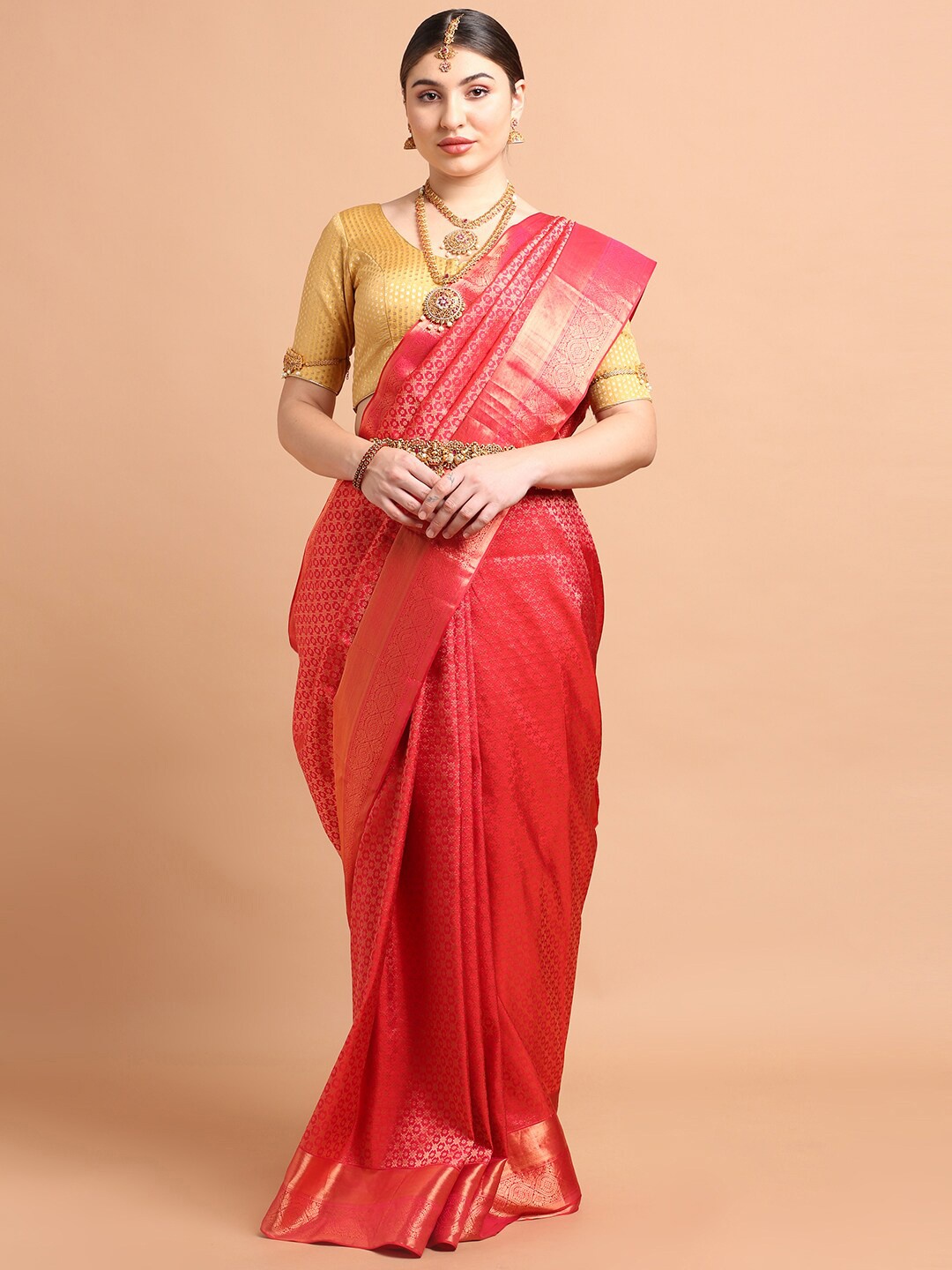 

Kalyan Silks Woven Design Zari Pure Silk Kanjeevaram Saree, Red