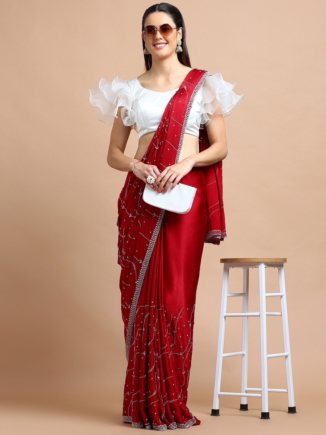 

Kalyan Silks Embellished Beads and Stones Saree, Red