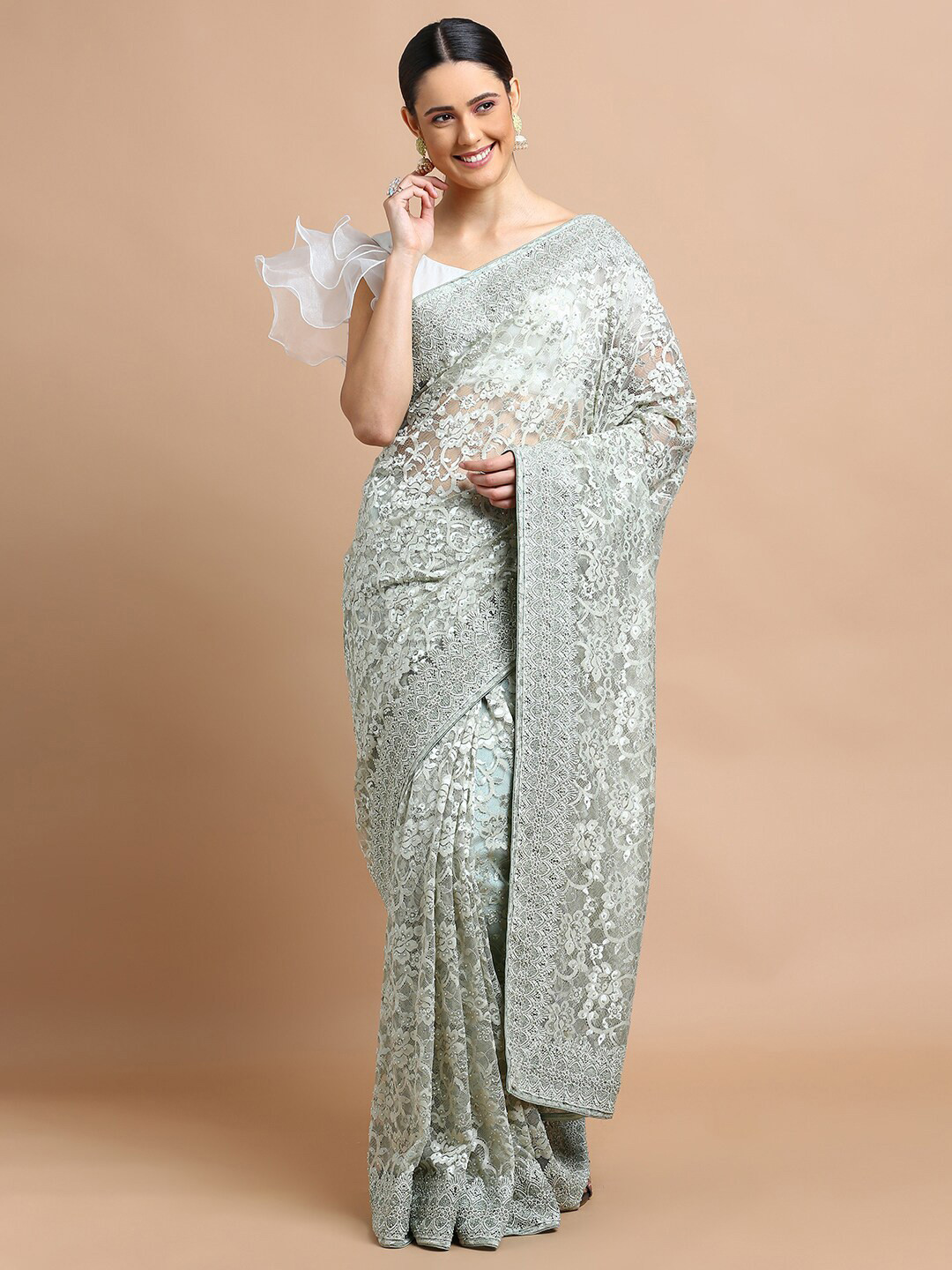 

Kalyan Silks Floral Embroidered Net Saree, Green