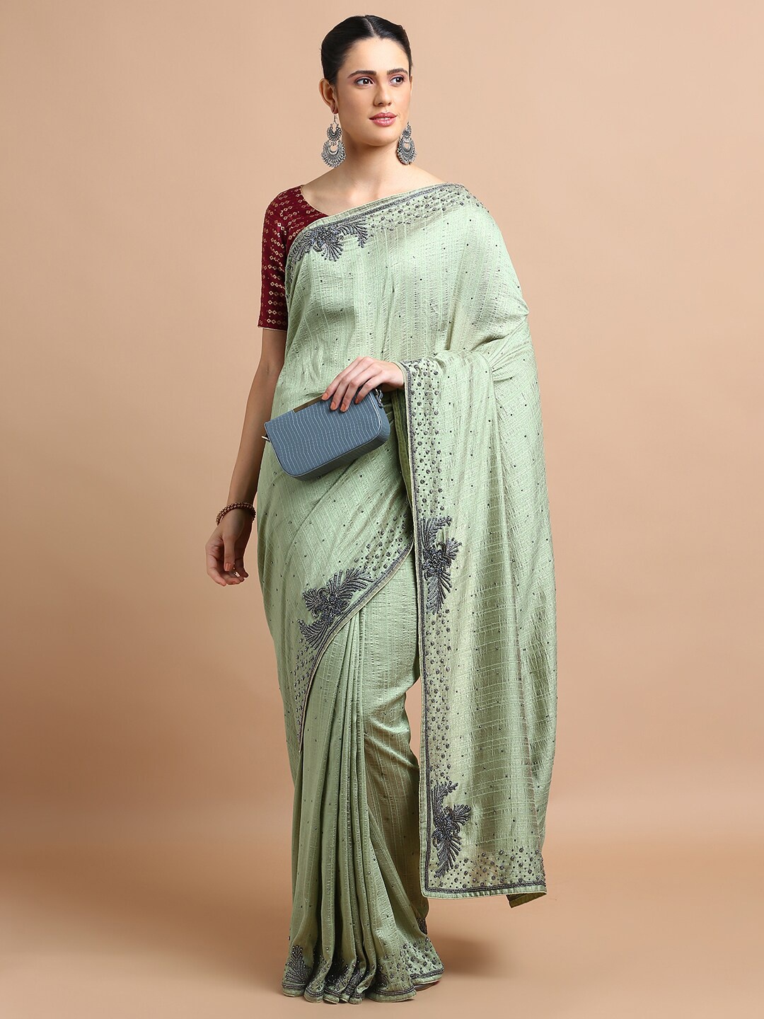 

Kalyan Silks Embellished Beads and Stones Saree, Green