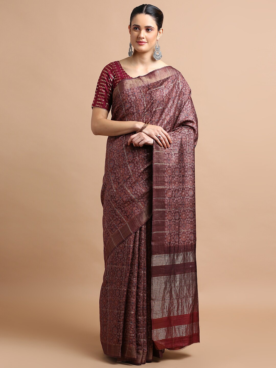 

Kalyan Silks Ethnic Motifs Printed Zari Pure Silk Saree, Brown