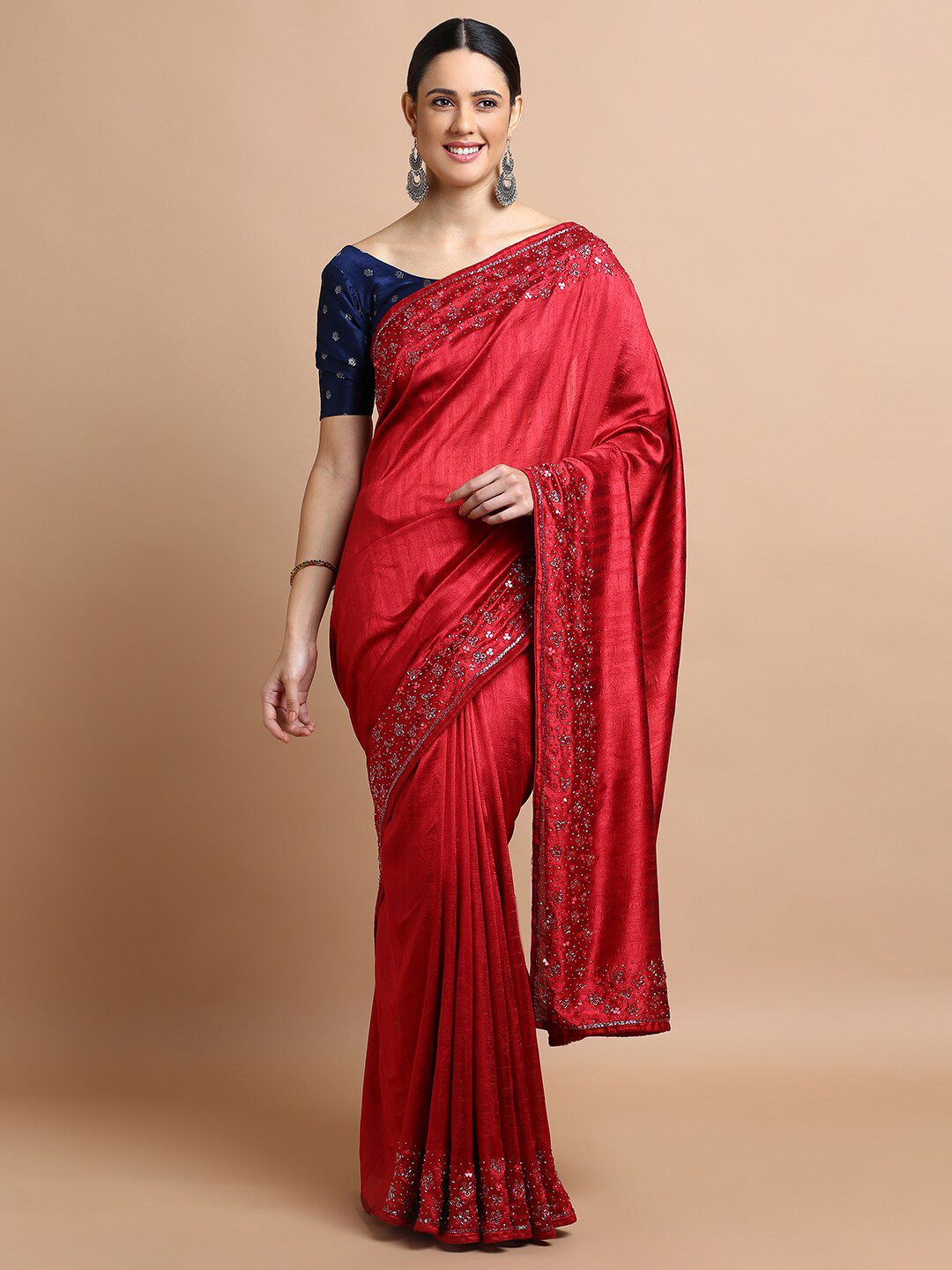 

Kalyan Silks Embellished Beads and Stones Saree, Red