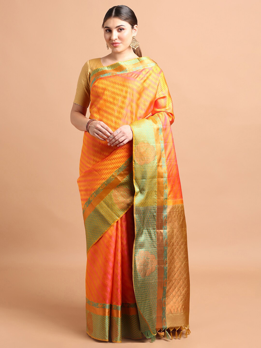 

Kalyan Silks Ethnic Motifs Woven Design Zari Pure Silk Kanjeevaram Saree, Orange