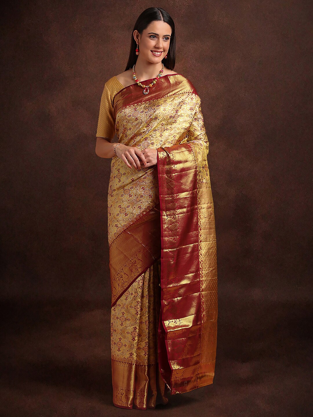 

Kalyan Silks Ethnic Motifs Woven Design Zari Pure Silk Kanjeevaram Saree, Maroon