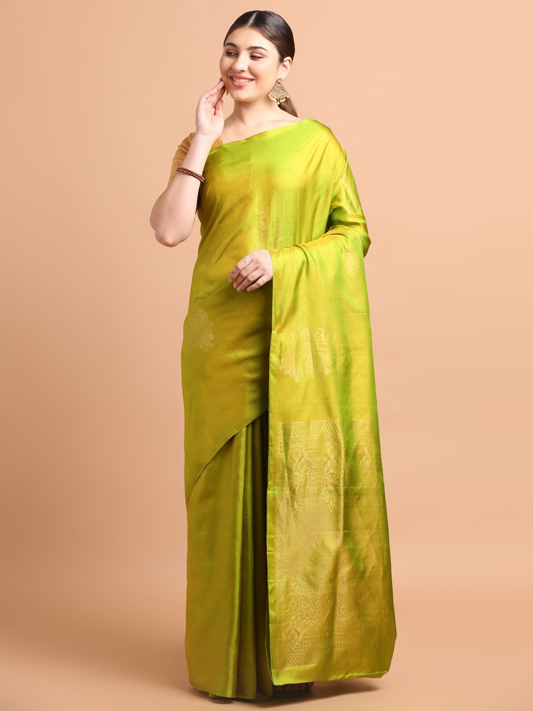 

Kalyan Silks Ethnic Motifs Woven Design Zari Pure Silk Kanjeevaram Saree, Green
