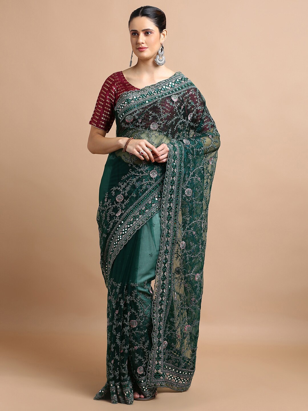 

Kalyan Silks Floral Embroidered Net Saree, Green