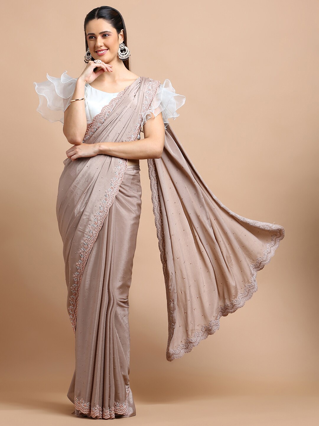 

Kalyan Silks Embellished Beads and Stones Organza Saree, Beige
