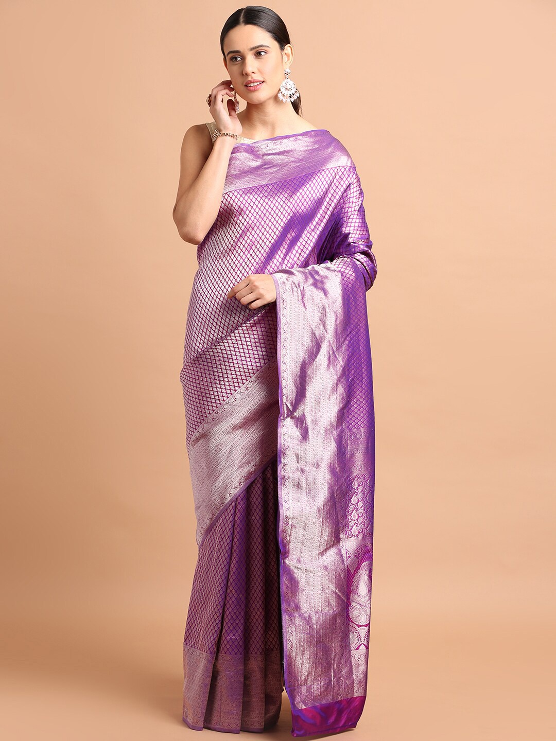 

Kalyan Silks Ethnic Motifs Woven Design Zari Pure Silk Kanjeevaram Saree, Purple