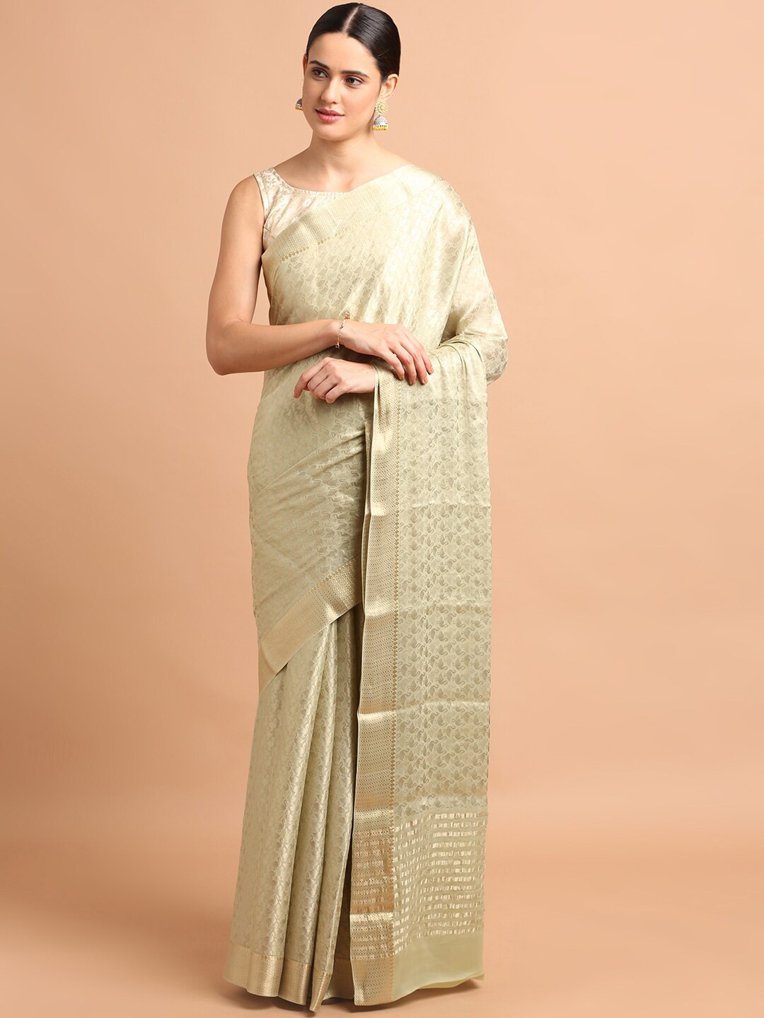 

Kalyan Silks Ethnic Motifs Woven Design Zari Pure Chiffon Saree, Cream