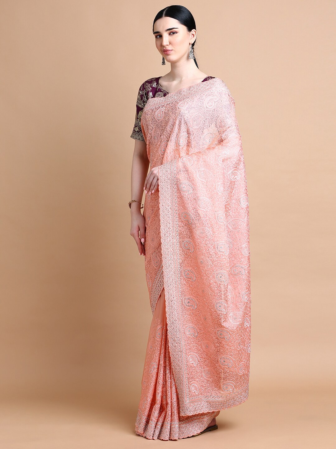 

Kalyan Ethnic Motifs Embroidered Organza Saree, Peach