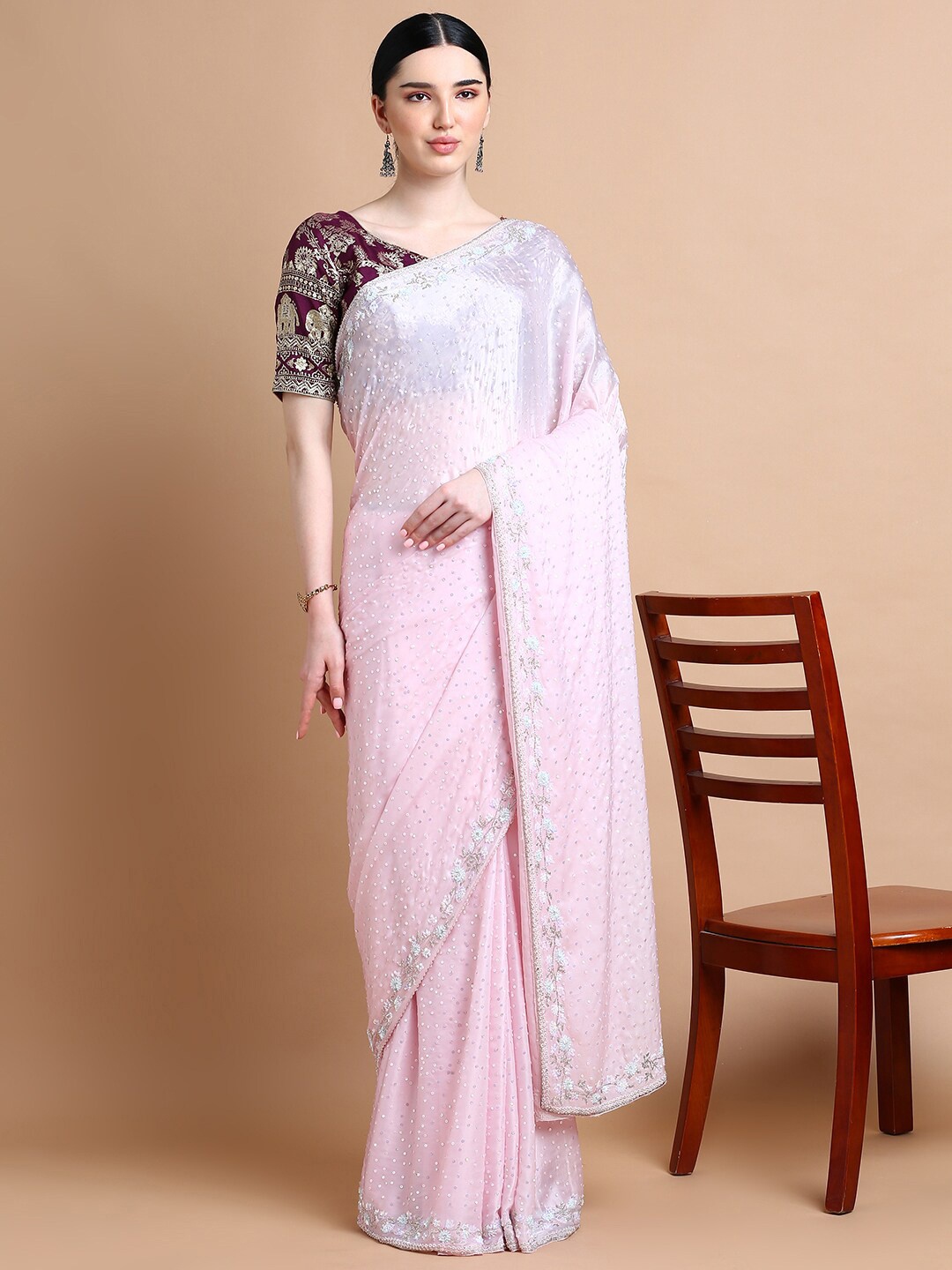 

Kalyan Silks Embellished Beads and Stones Satin Saree, Pink