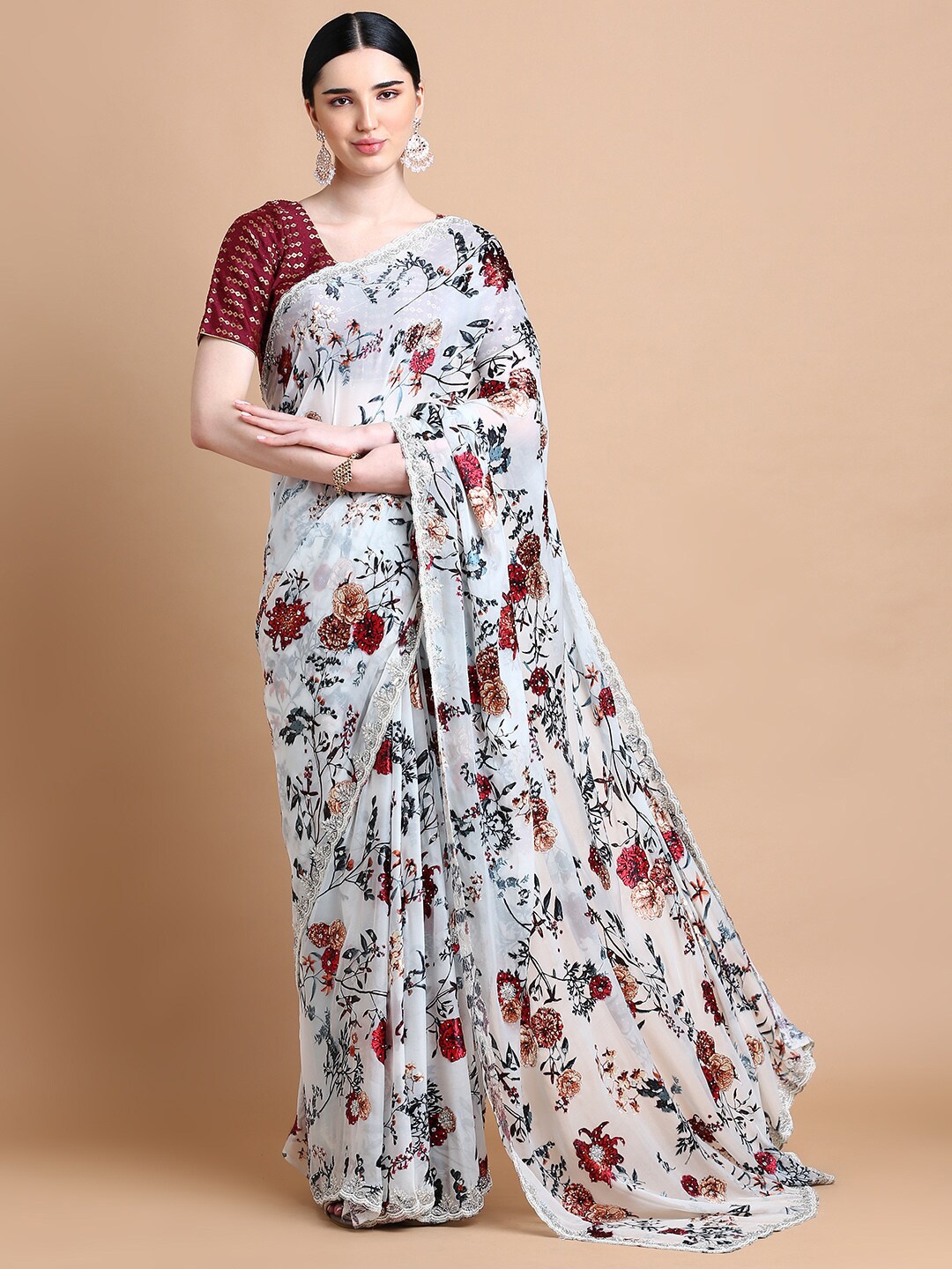 

Kalyan Silks Floral Embroidered Organza Saree, White