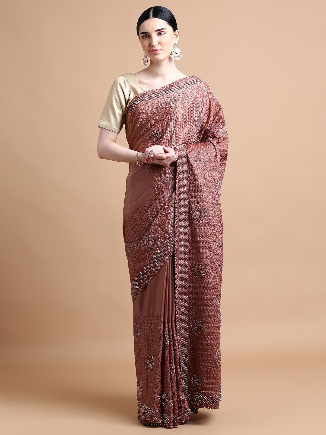 

Kalyan Silks Ethnic Motifs Embroidered Organza Saree, Brown