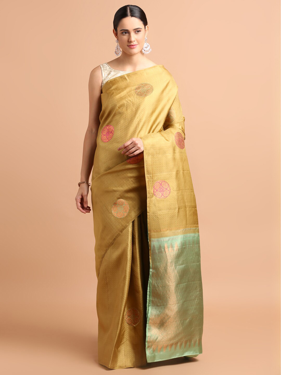 

Kalyan Silks Ethnic Motifs Woven Design Zari Pure Silk Kanjeevaram Saree, Cream