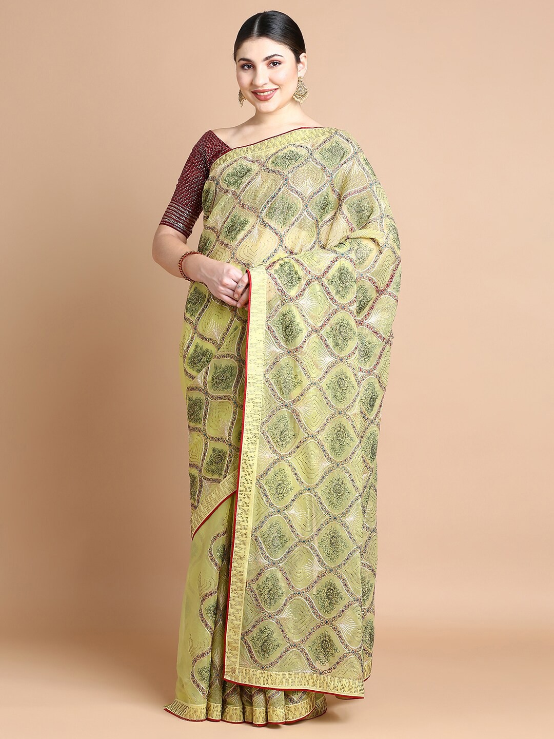 

Kalyan Silks Ethnic Motifs Embroidered Pure Chiffon Saree, Yellow