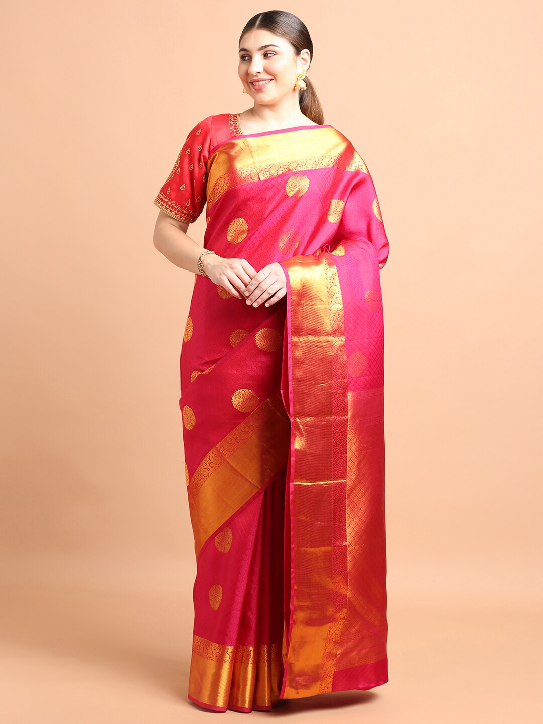 

Kalyan Silks Ethnic Motif Woven Design Zari Pure Silk Kanjeevaram Saree, Pink