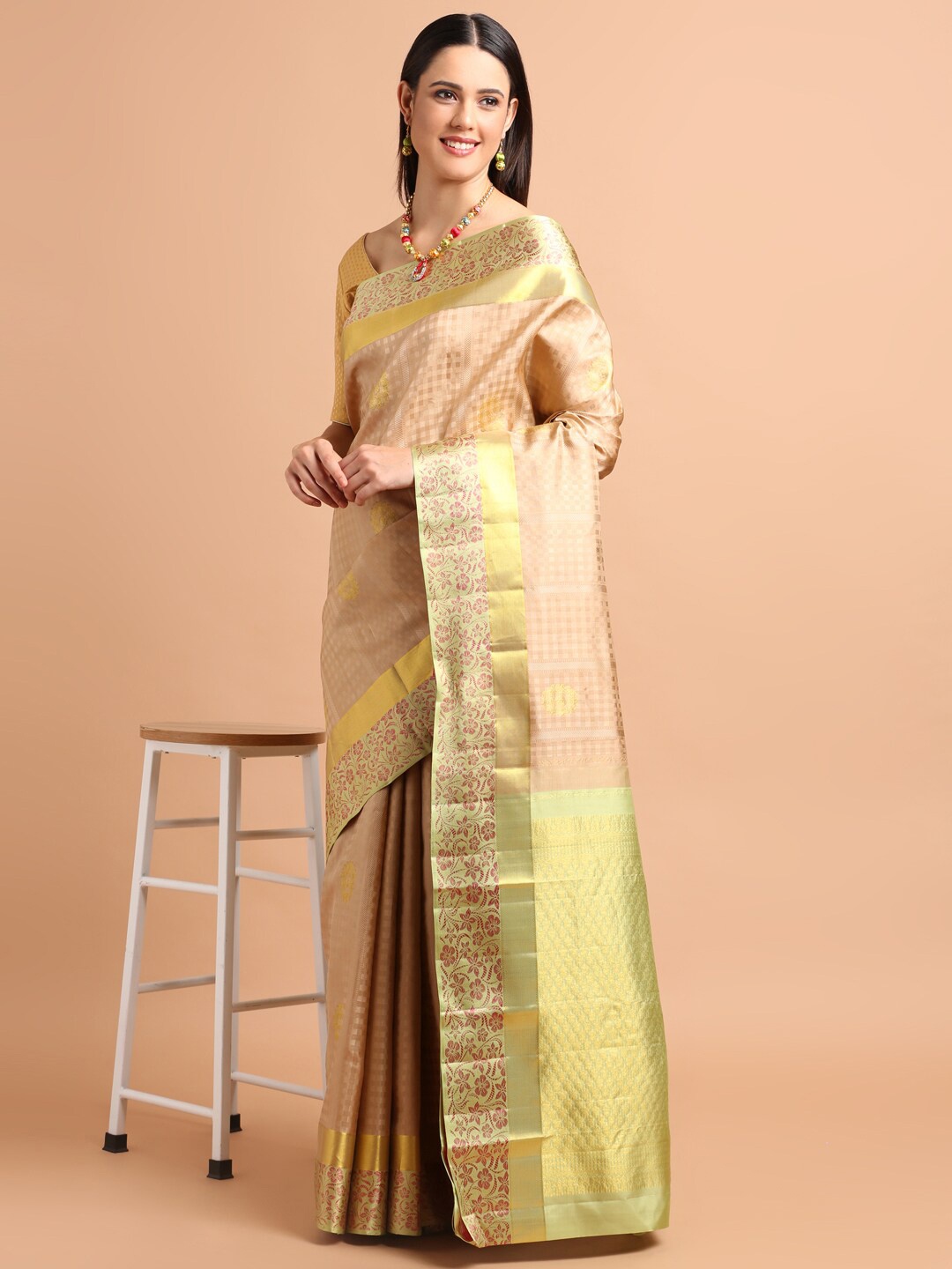 

Kalyan Silks Ethnic Motif Woven Design Zari Pure Silk Kanjeevaram Saree, Cream