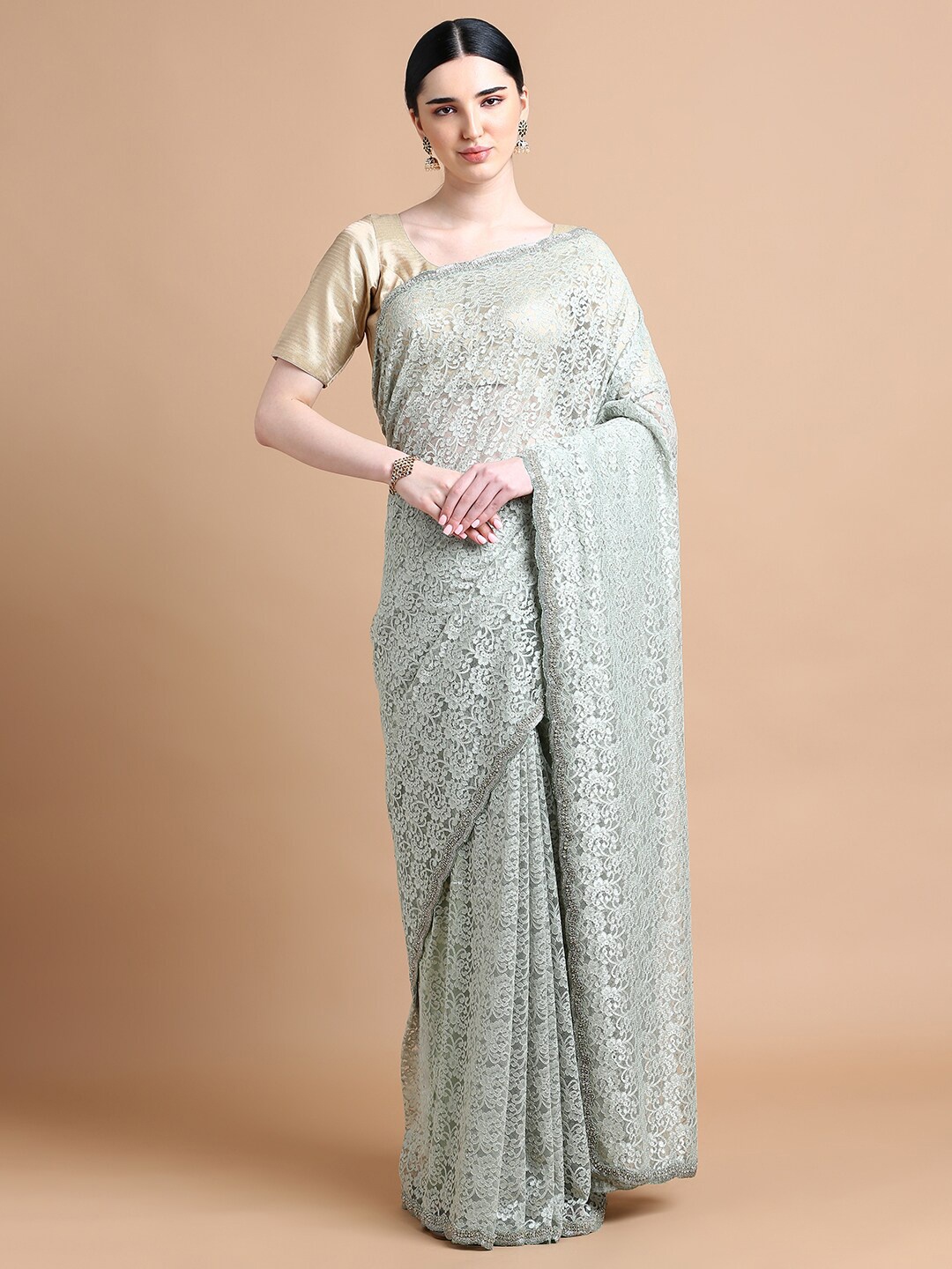

Kalyan Silks Floral Embroidered Net Saree, Green