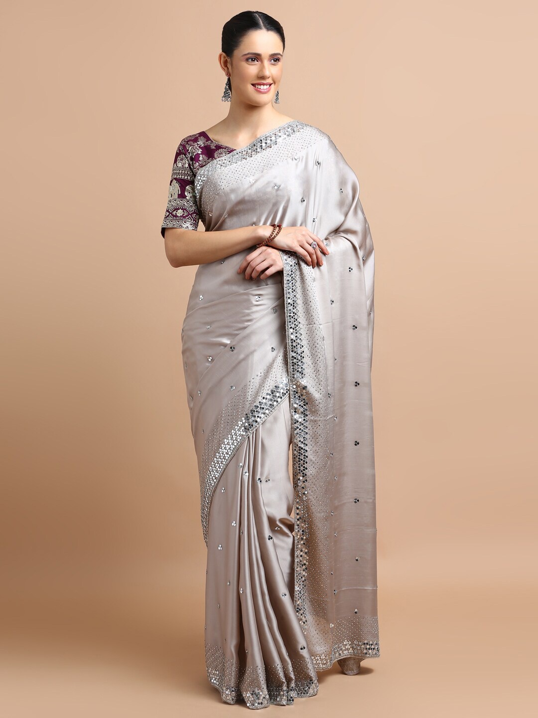 

Kalyan Silks Sequin Embellished Saree, Beige