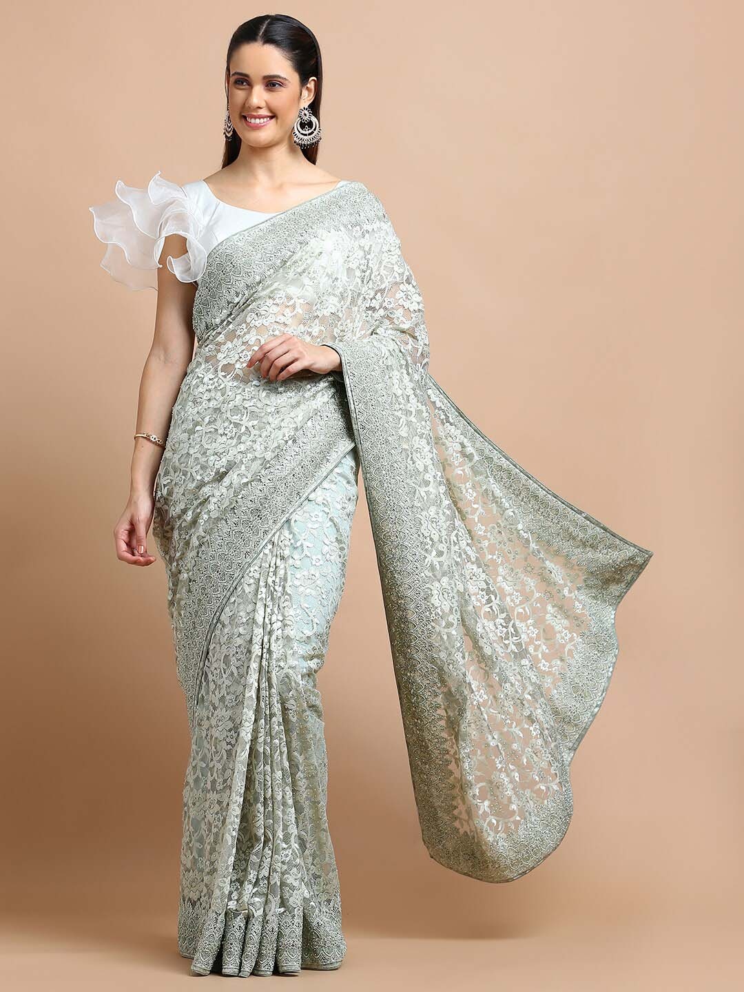 

Kalyan Silks Floral Embroidered Net Saree, Green